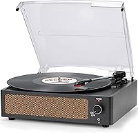 seasonlife Vintage Vinyl Record Player with Built-in Speakers, 3-Speed Belt-Drive Turntable, Bluetooth, AUX, RCA, Headphone Jack - Black