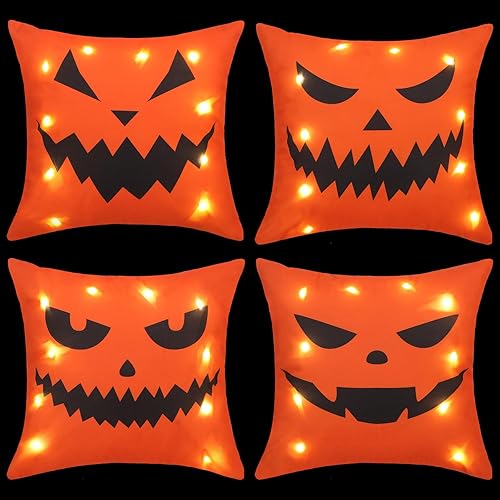 4 fundas de almohada de Halloween con luz LED, fundas de almohada cortas de felpa de Halloween de 18 x 18 pulgadas, fundas de almohada de calabaza