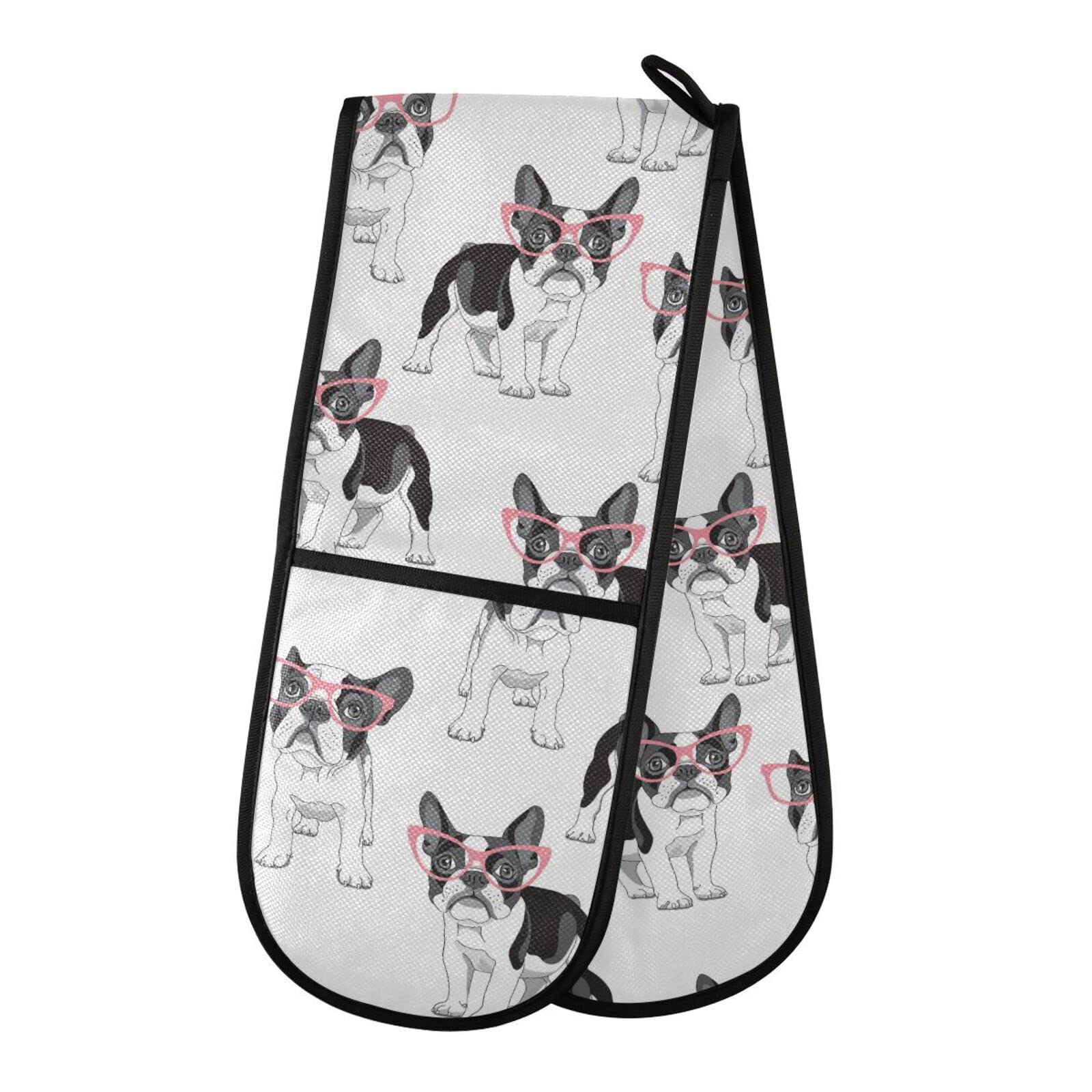Double Oven Gloves Cartoon French Bulldog with Pink Glasses Heat Resistant Pot Holder Oven Mitt Gloves for BBQ Cooking Baking Grilling Microwave