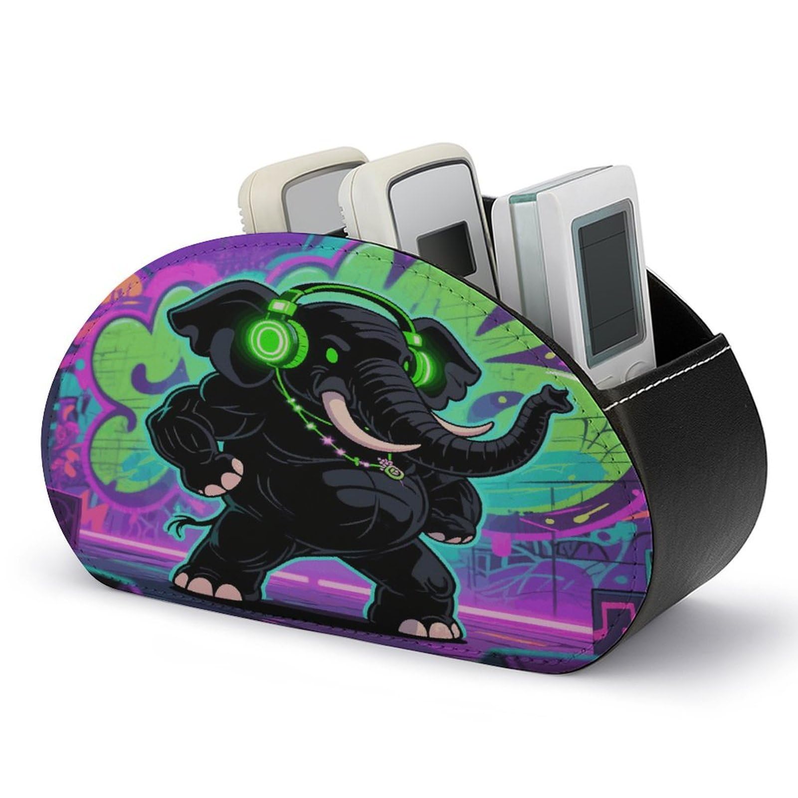 VstaDank - Multifunctional PU Leather Elephant Stand with Headphones, Makeup Brush Holder, Computer with 5 Compartments for TV and Media Player
