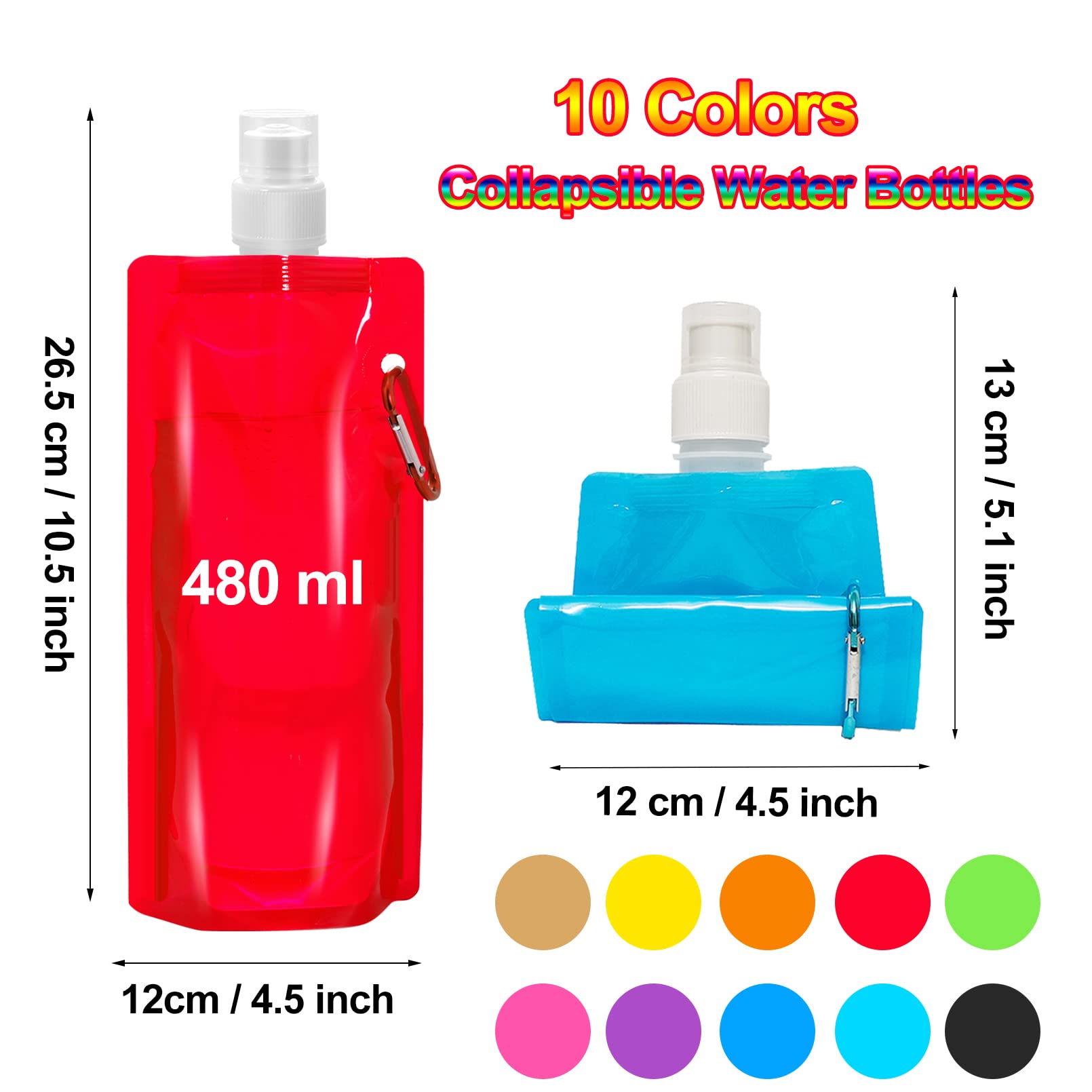 Faltbare Wasserflaschen, wiederverwendbare Trinkwasserbeutel mit Karabiner-Clip, 480 ml, auslaufsichere Wasserflaschen für Camping, Wandern, Reisen, Fitnessstudio, Sport, Radfahren, BPA-frei, 10