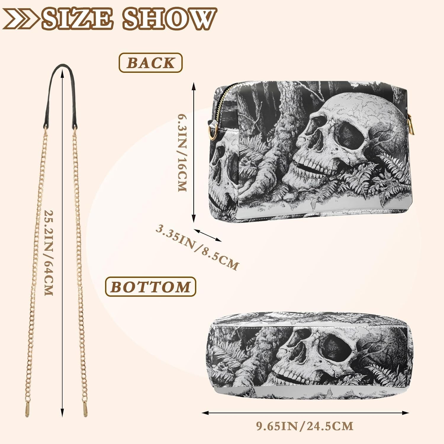 Women Crossbody Bag Shoulder Handbag Cellphone Purse Big Skull Forest Print, PU Leather Metal Chain Strap Water Resistant Zipper Closure