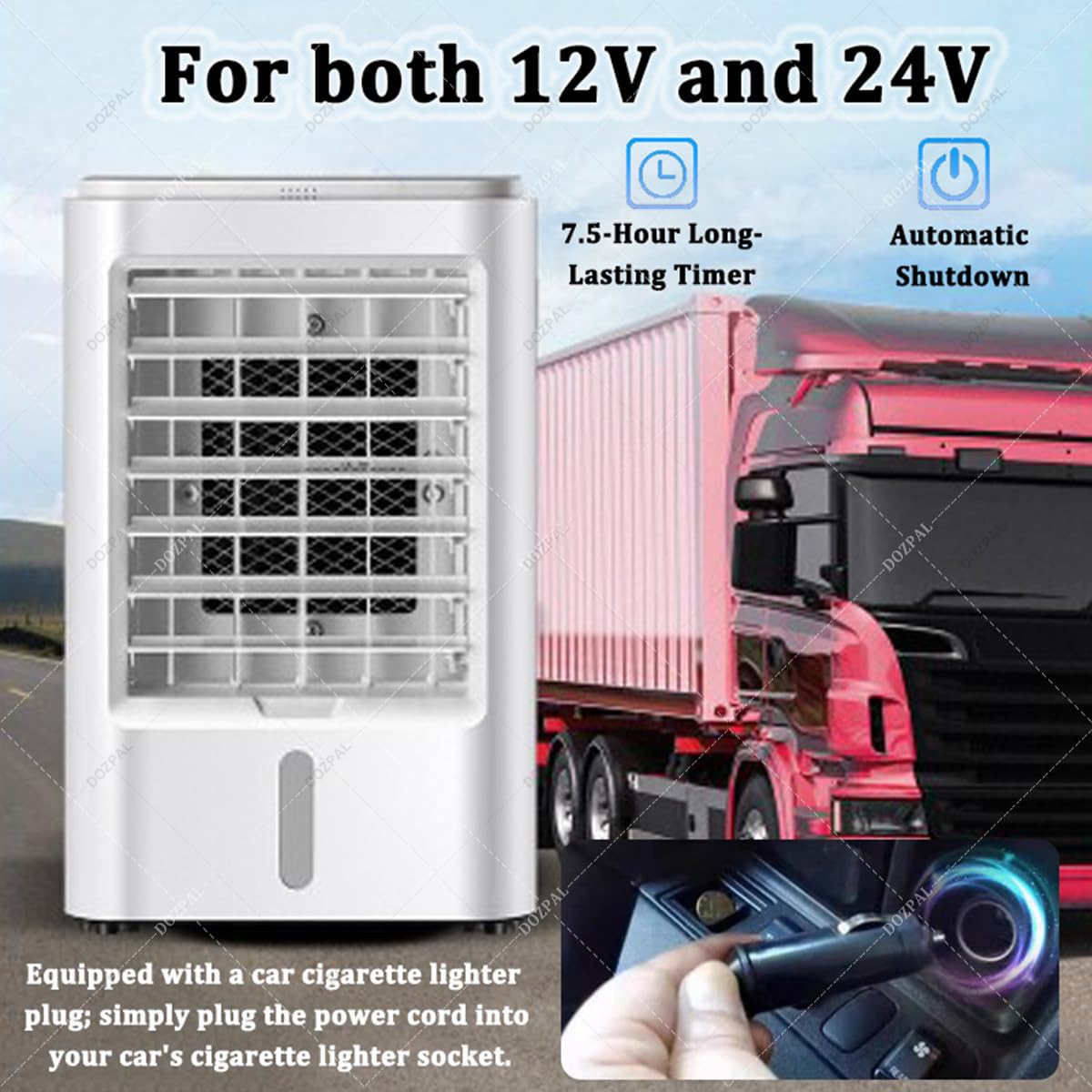 Ventilador Enfriador de Aire y humidificador 4 en 1, Enfriador de Aire portátil para Camiones con depósito de Agua de 4 L, Temporizador de 7,5 Horas; para Uso en el hogar, autocaravanas 12V