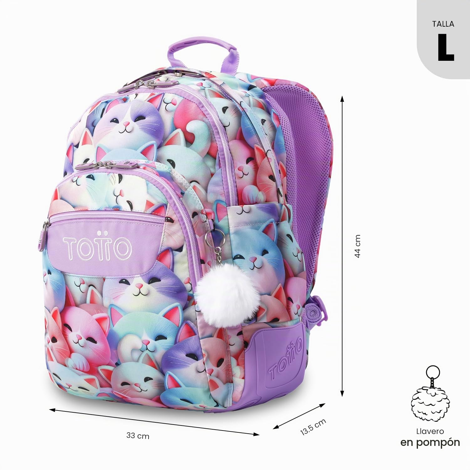 TOTTO - Mochila Escolar Grande, Modelo Rayol, Capacidad 19 L, 3 Compartimentos, 2 Bolsillos Botella, Bolsillo para PC 14", Espaldar Ergonómico con Flujo de Aire, Correas en S, Estampado Mewsy 3D