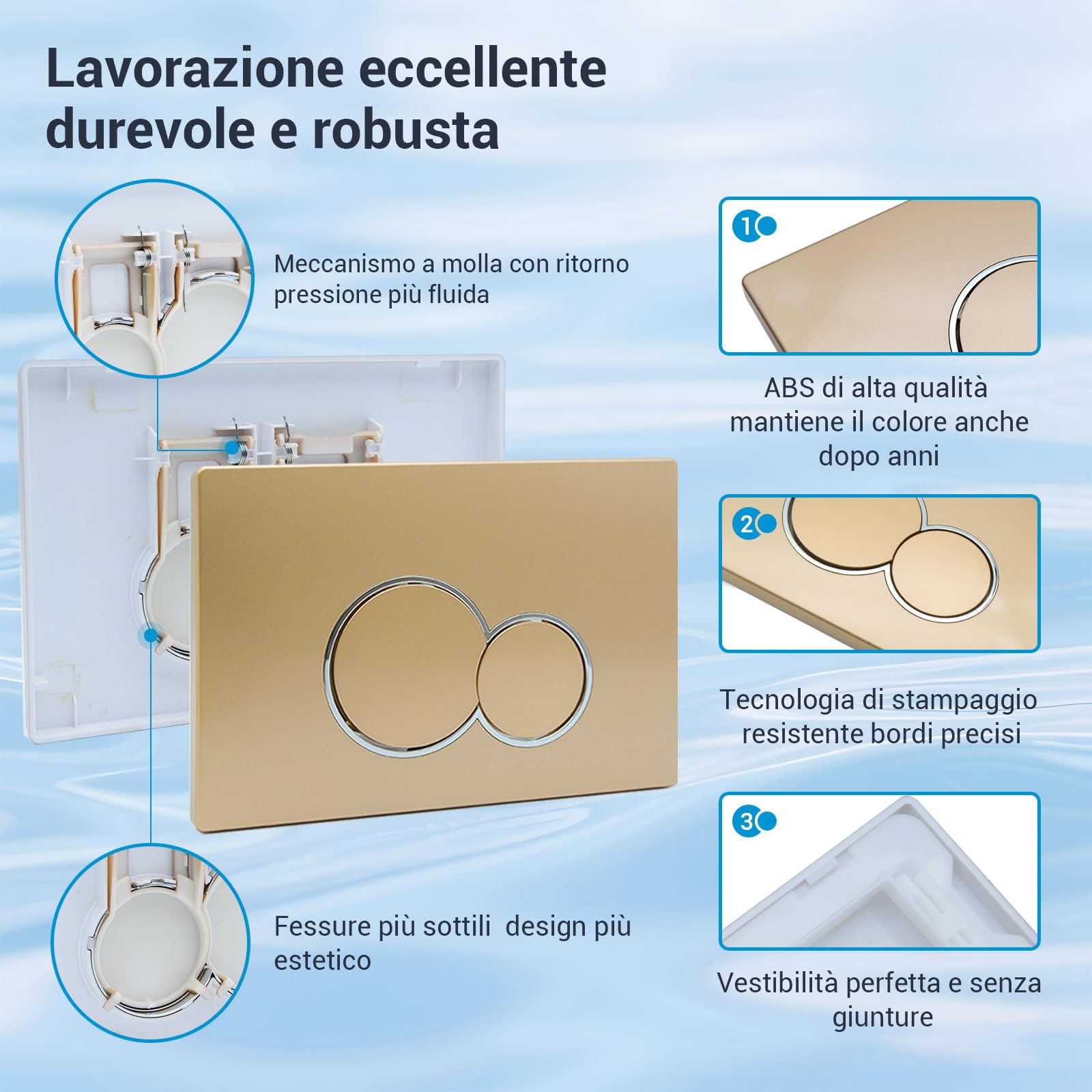 Piastra di Comando, con Barra di Fissaggio e Telaio di Montaggio, compatibile con Geberit, Sigma, UP300 e UP320, dimensioni della piastra di scarico 245×164 mm.(Oro)