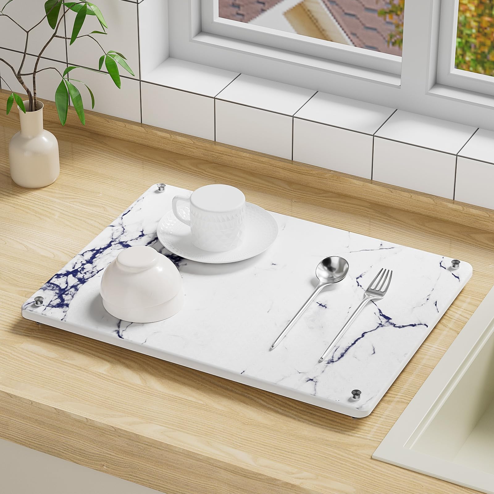 NBPLUS Stone Dish Drying Mat for Kitchen, Super Absorbing Stone Tray for Sink, Quick Dry Diatomaceous Earth Thick Mat Dish Bottles Cups Bathrooms counter, 16 X 12in (Marble-Dark Blue)