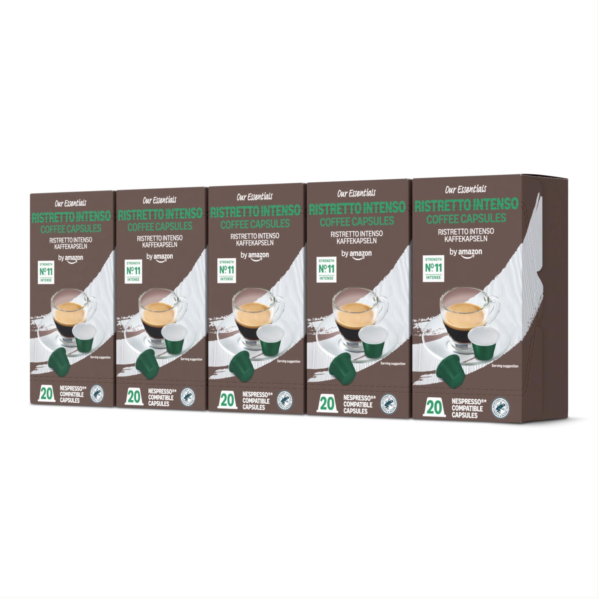 by Amazon Ristretto Intenso Coffee Capsules Nespresso Compatible, Medium Roast, 100 Capsules (5 Packs x 20) - Rainforest Alliance Certified