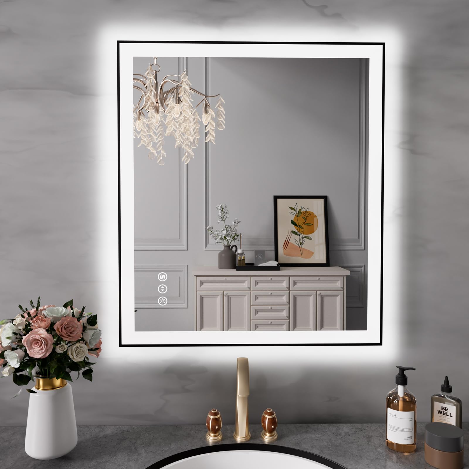28x32 inch led bathroom mirror with black frame, backlit and front lighted bathroom mirrors for wall, anti-fog, dimmable, memory, shatterproof, led vanity mirror for bathroom