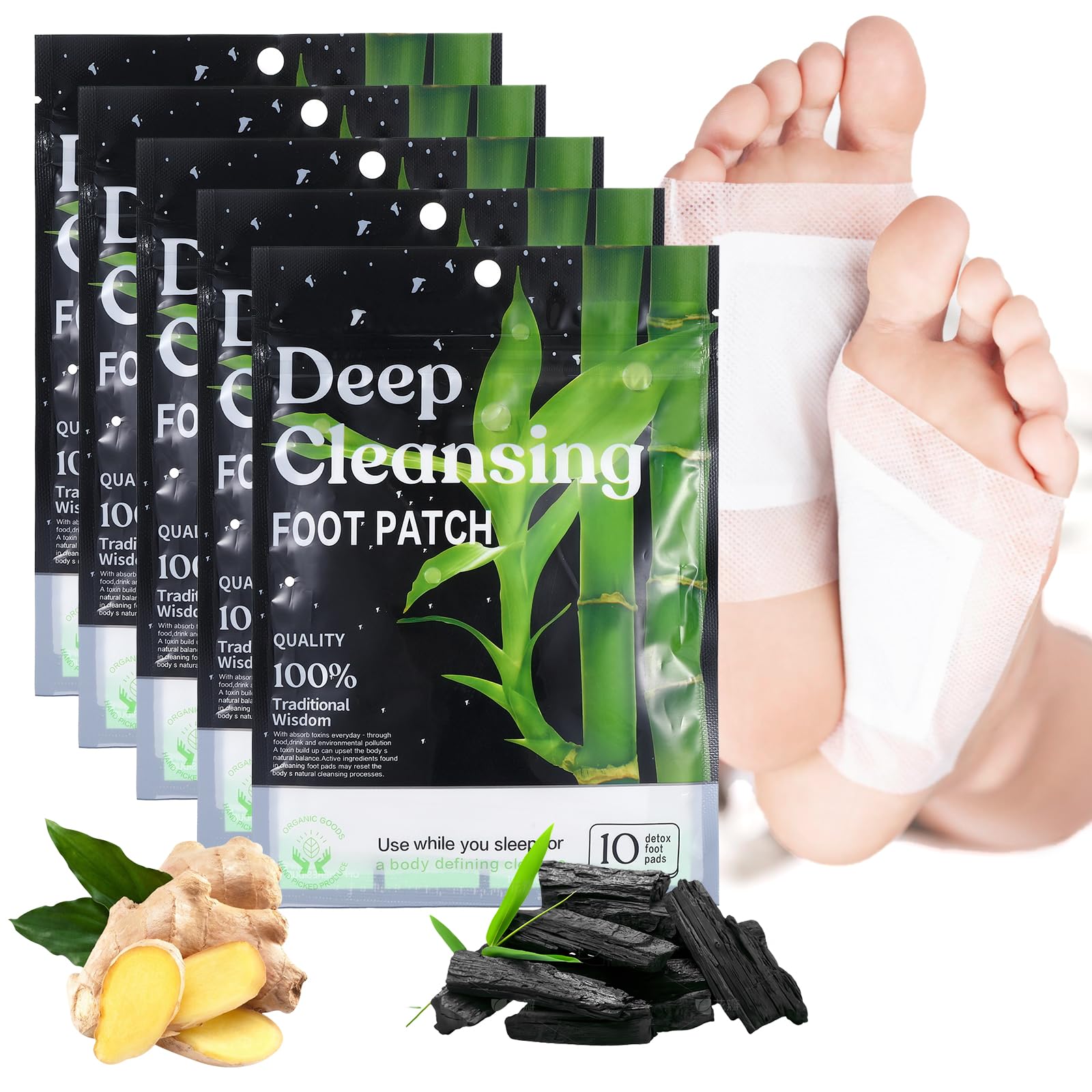 50 almohadillas de limpieza profunda para pies, almohadillas de jengibre y vinagre de bambú, parches de polvo limpiador natural para dormir, parches japoneses que alivian el estrés, mejoran el sueño y cuidan los pies con suavidad.