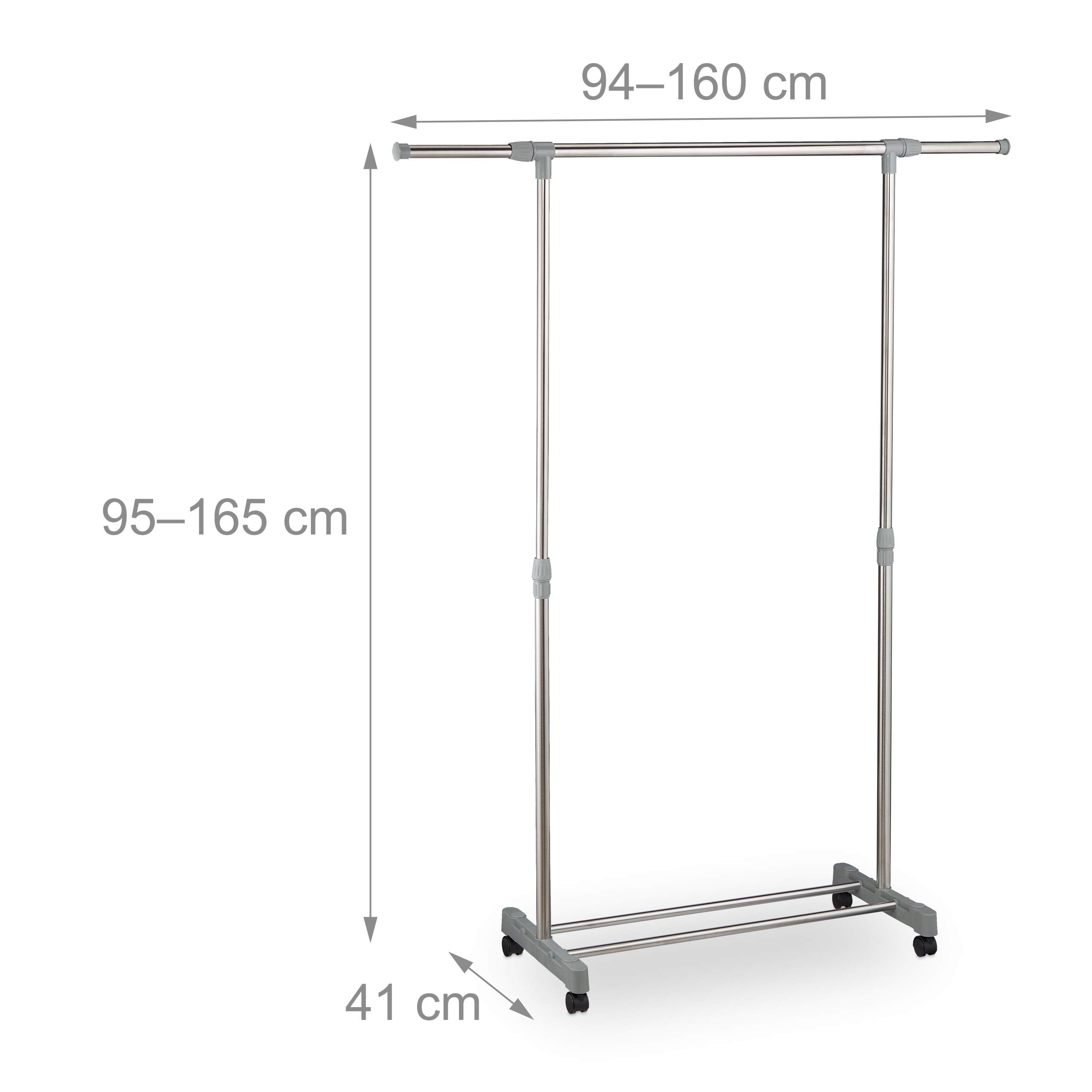 Relaxdays Wieszak na ubrania na rolkach, z drążkiem na ubrania i półką, regulowany: wysokość 95-165 cm, szerokość 94-160 cm, srebrny