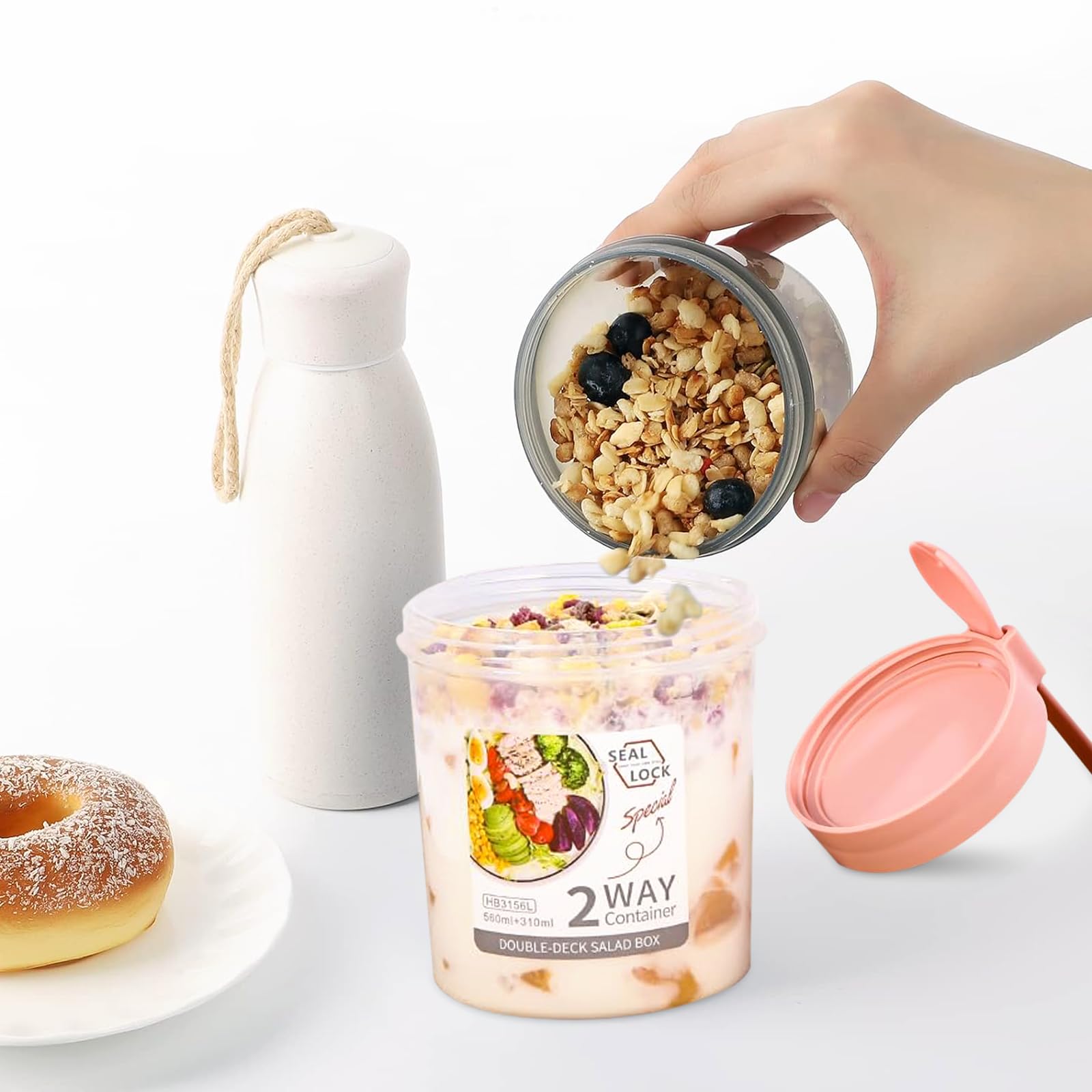 2 kubek do musli, 560 ml + 310 ml, kubki na jogurt na wynos, dwuwarstwowe, szczelne