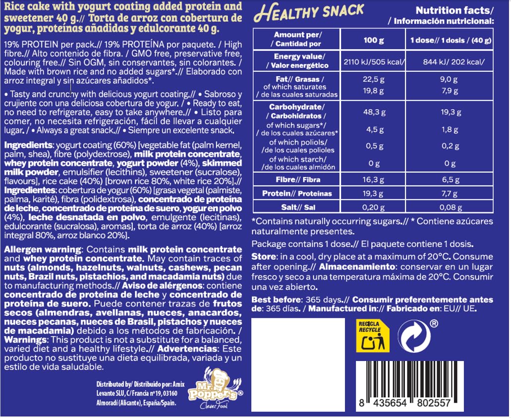 Mr. Popper’s® Rice Pops caja 12 * 40 g – Tortita de arroz crujiente con cobertura sabor yogurt, alta en proteína y rica en fibra, sin gluten