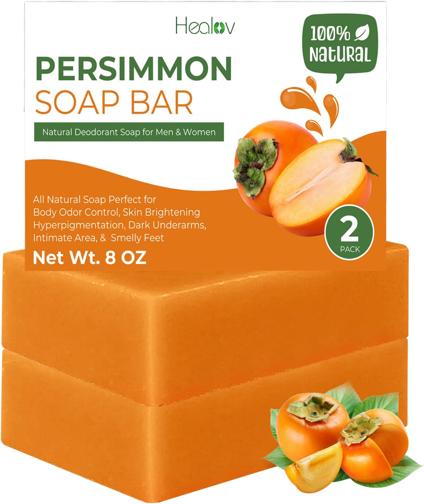 Healov Persimmon Soap Bar for Body Odor Control – Purifying Deodorizing Face & Body Wash for Eliminating Body Odor – Great for Skin Brightening, Hyperpigmentation – Deodorant Soap for Men & Women