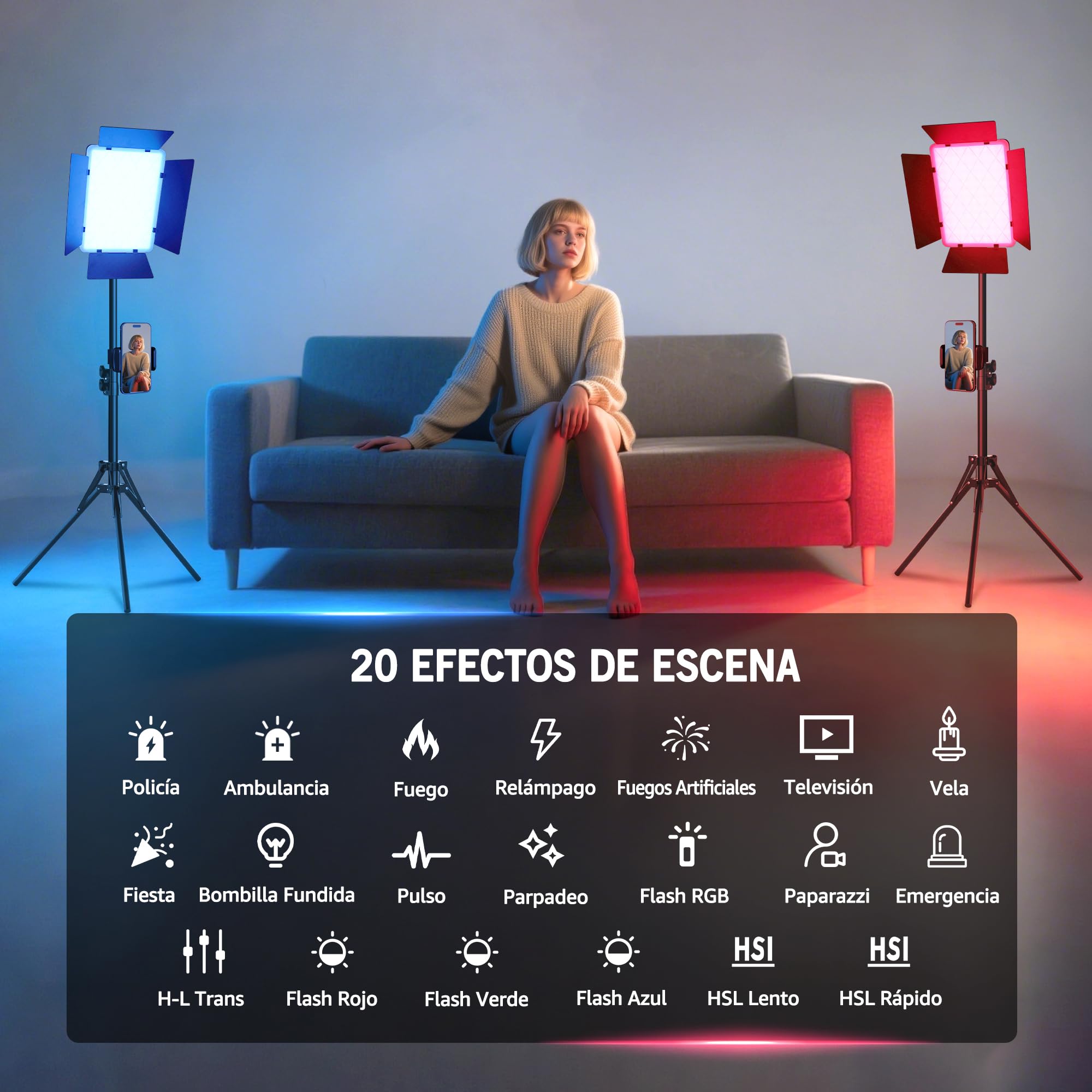 NiceVeedi Luz de video RGB de 15 pulgadas, iluminación de estudio fotográfico de 40 W con control remoto y soporte para teléfono, panel de luz LED regulable de 2700 K-6500 K con 20 escenas/modo RGB