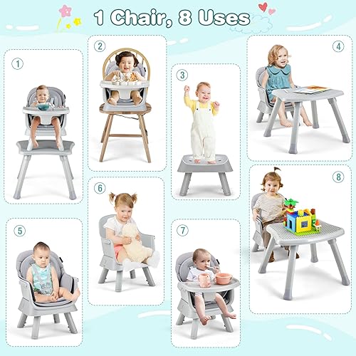 Miniatura 2 de HONEY JOY Silla alta 8 en 1 para bebé, silla alta convertible para bebés y niños pequeñosjuego de mesa y sillamesa de bloques de construcción,