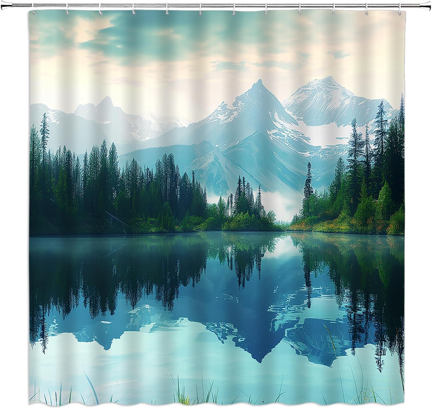 Landscape Shower Curtain Mountain Sky Cloudy Reflection Lake Forest Fabric Bathroom Decor Set with Hooks(70" WX70 H)