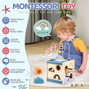 Airlab Wooden Activity Cube Toddler Montessori Toys and Wooden Activity Cube Baby Toys Ocean Theme