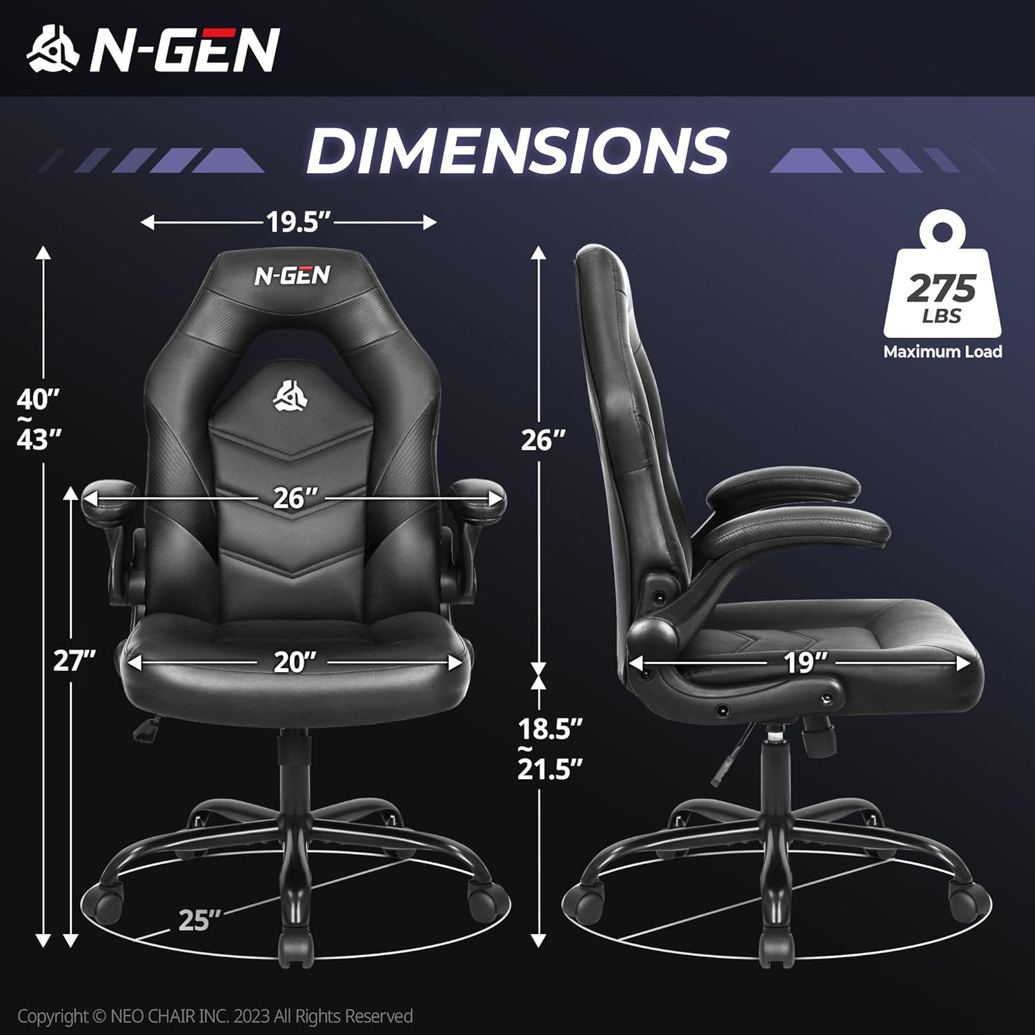 N-GEN Video Gaming Computer Chair Ergonomic Desk Office Chair for Adults with Lumbar Support Flip-Up Arms Adjustable Height Swivel Wheels PU Leather Executive Design for Home and Office (Jet Black) - 3