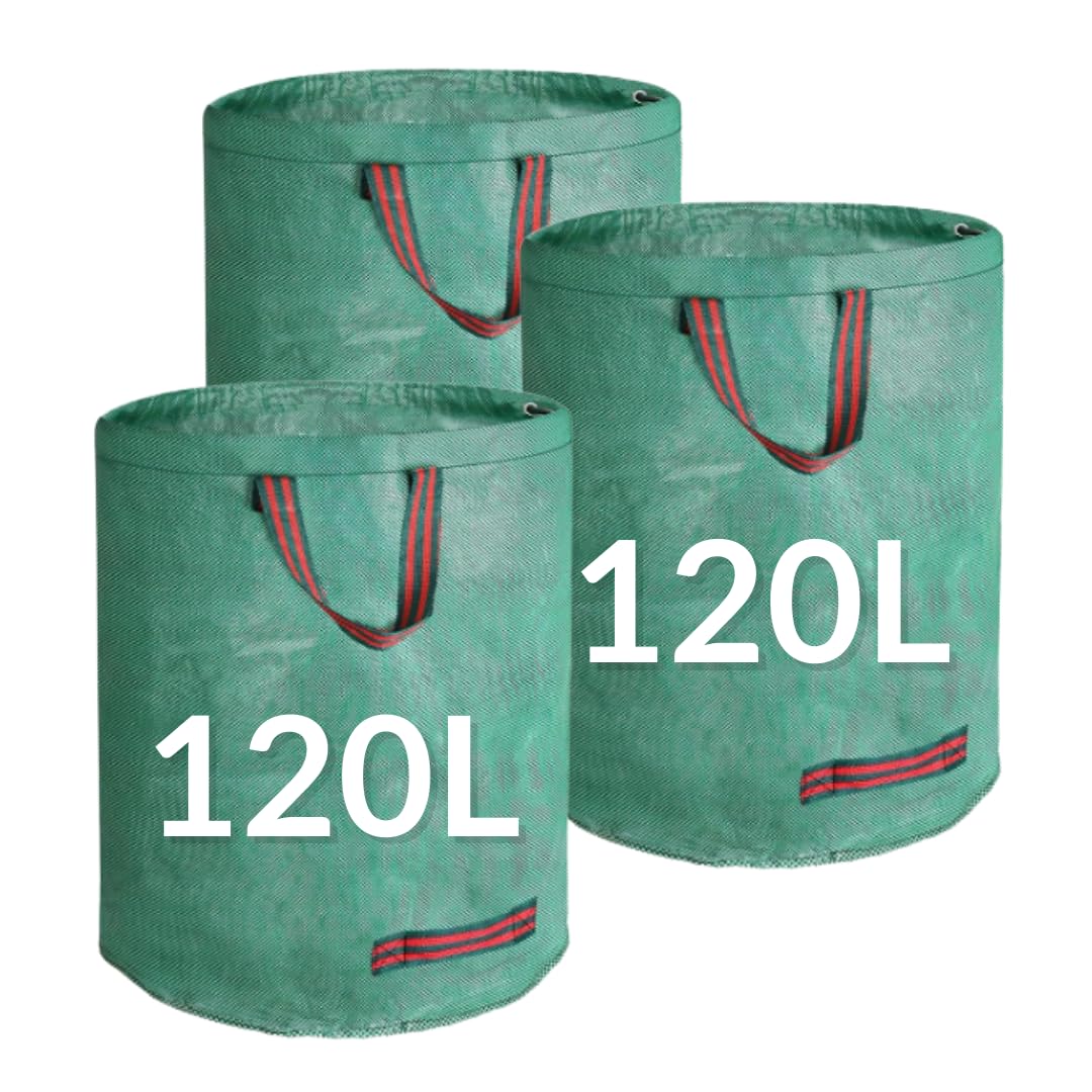 VIROSA Large Garden Waste Bags | PACK of 3 | H76cm, D67 cm | Ideal for Large Amounts of lightweight Garden Waste | Reusable Waterproof Refuse Sack with Handles (120 Litres)