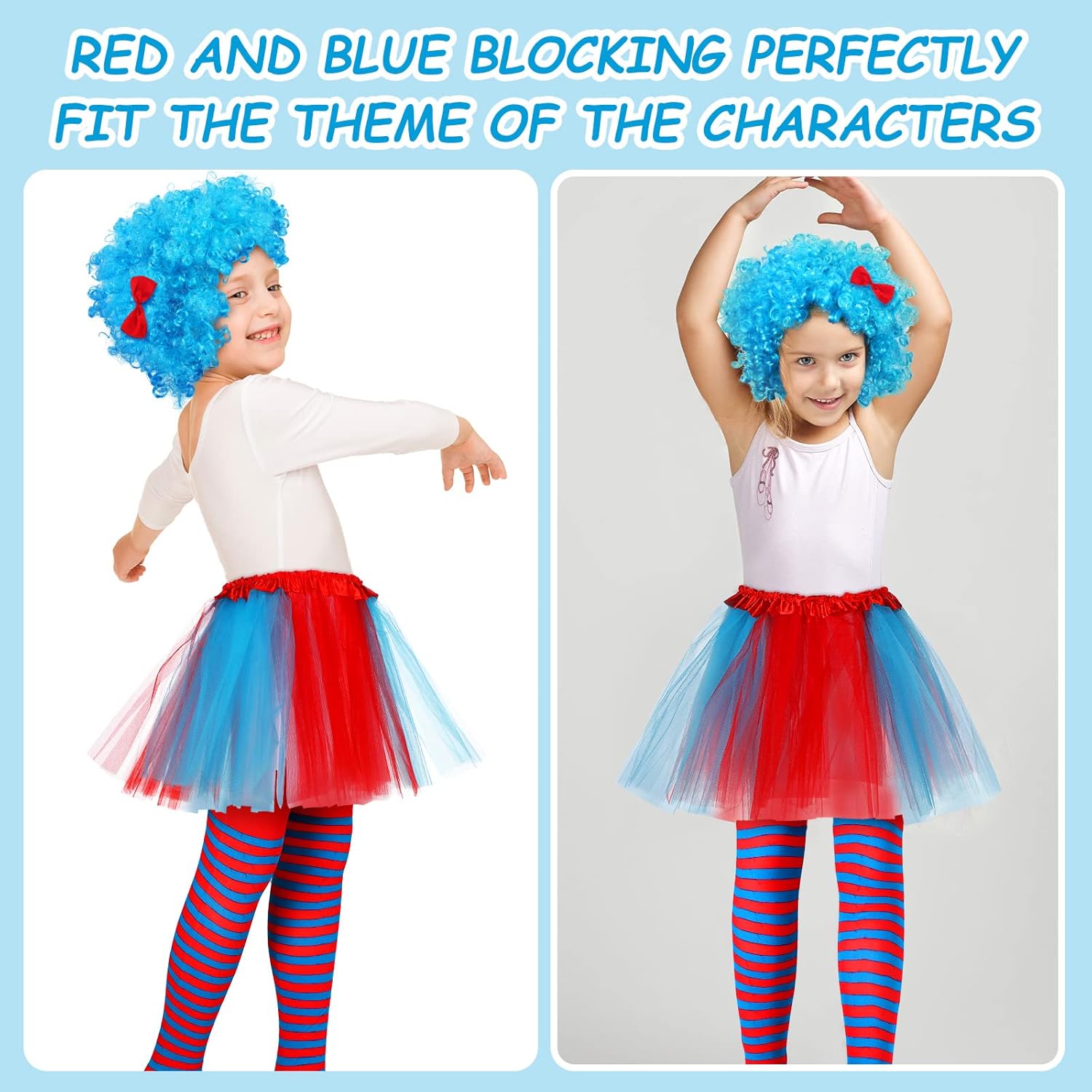 Janmercy 3 Pcs Tulle Tutu Costume Accessories Set Tutu Skirts Blue Wig Full Length Striped Tights Halloween Girls Costumes - Image 2