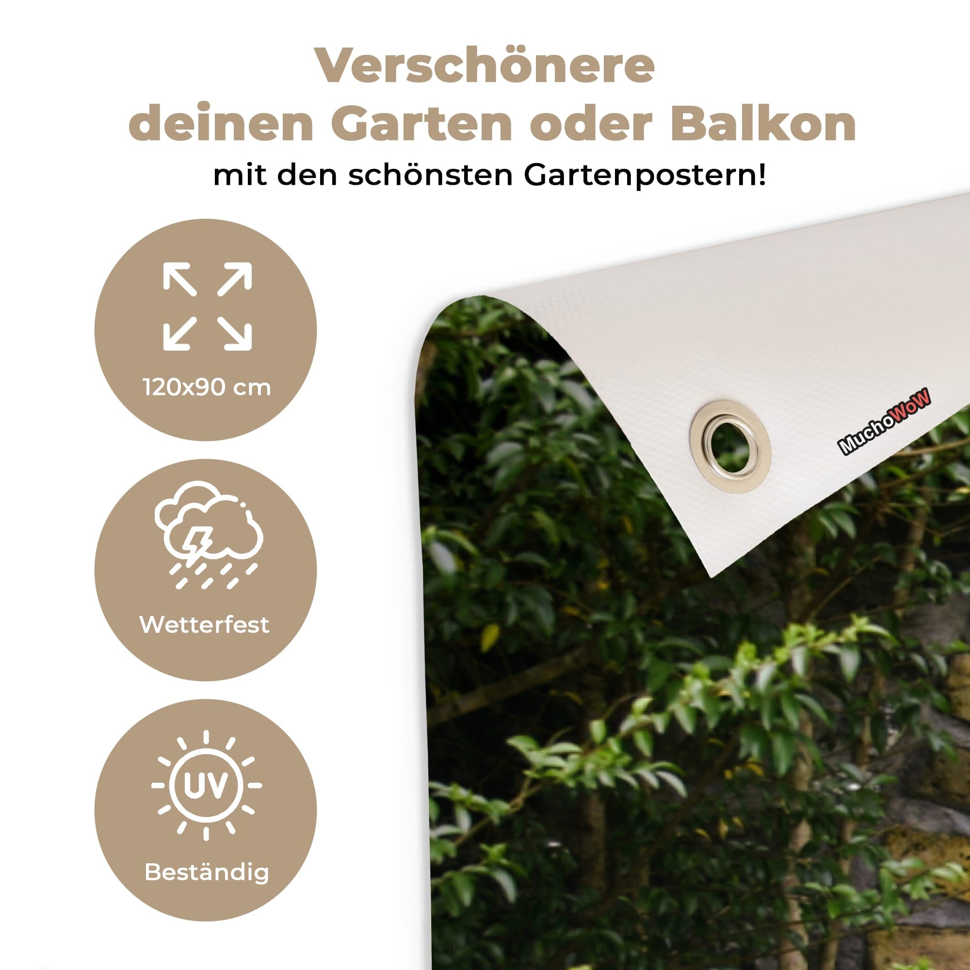 MuchoWow© Gartenposter Outdoor Bilder Gartendeko für draußen Wetterfest | 120x90 cm - Garten Deko Banner Sichtschutzmatte Draußen Bild Meer - Sonnenuntergang - Ausblick