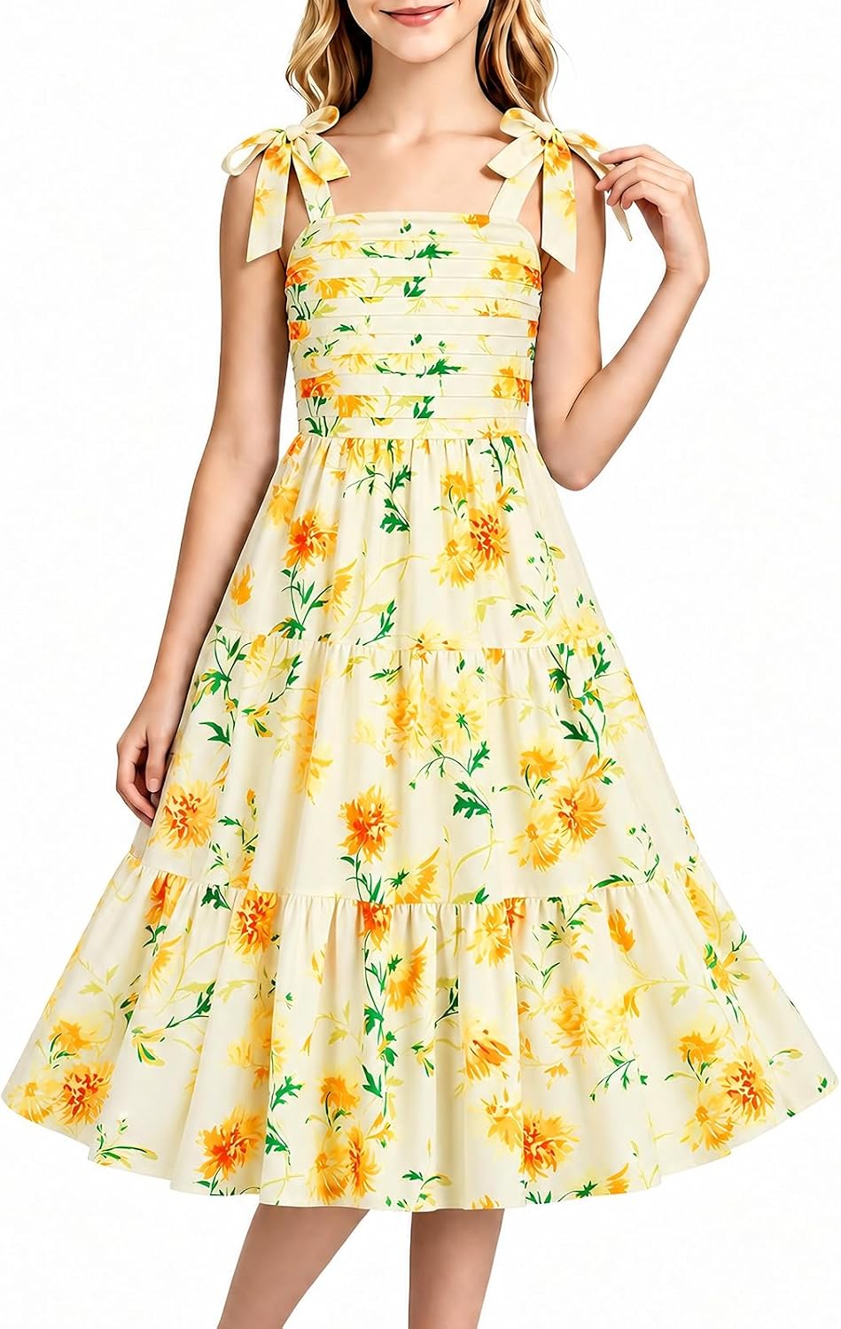 Girls Floral Dress Summer Ruched Flowy Tiered Cami Dresses Beach Vacation Midi Sundress with Pockets for 6-14 Years