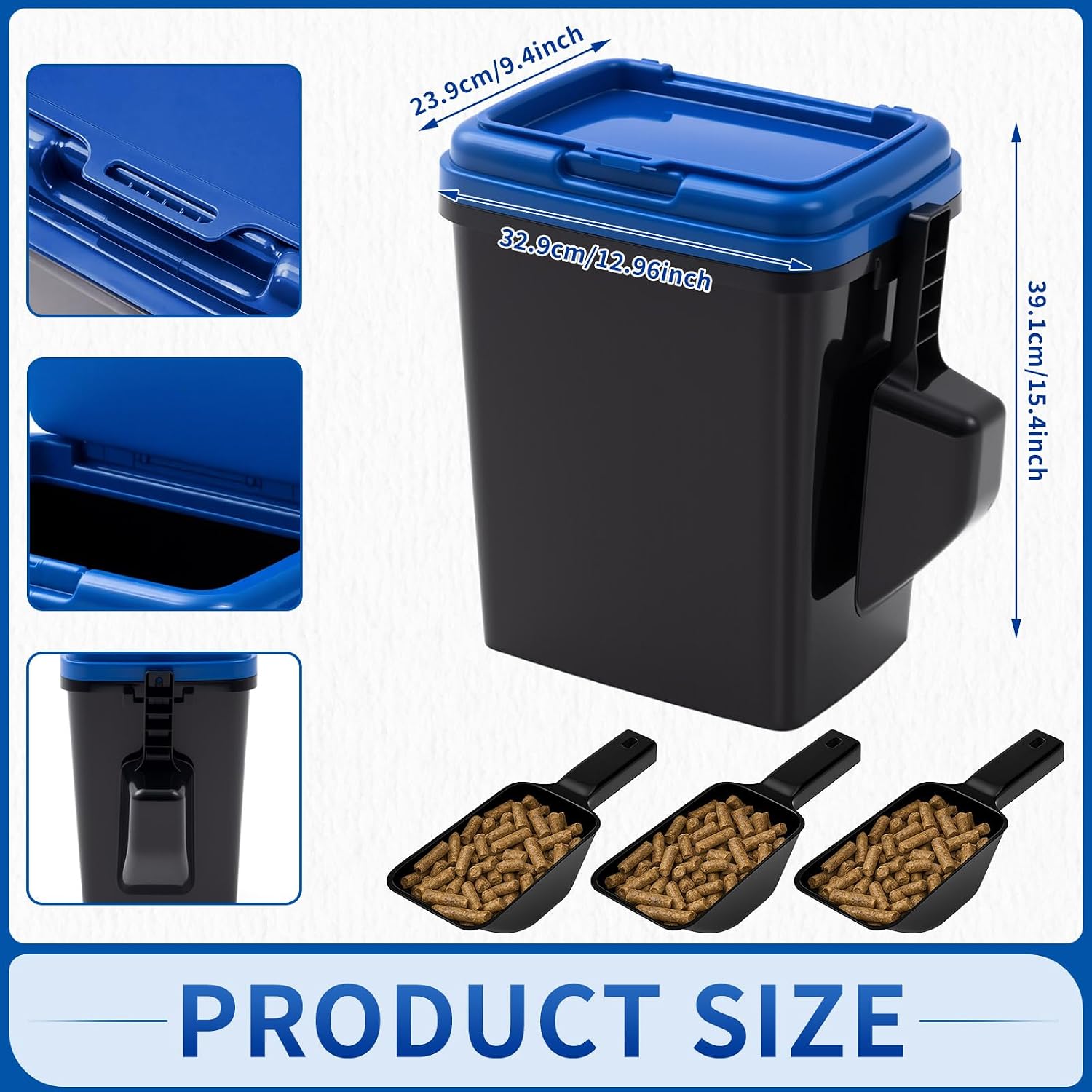 Maxdot 3 Sets 22lb Pellet Storage Bins with Flip Lids, Plastic Containers with Measuring Scoops and Flavor Label Stickers for Grill and Smoker Pellets, Blue Lid Wood Pellet Organizer Outdoor Cooking image 2