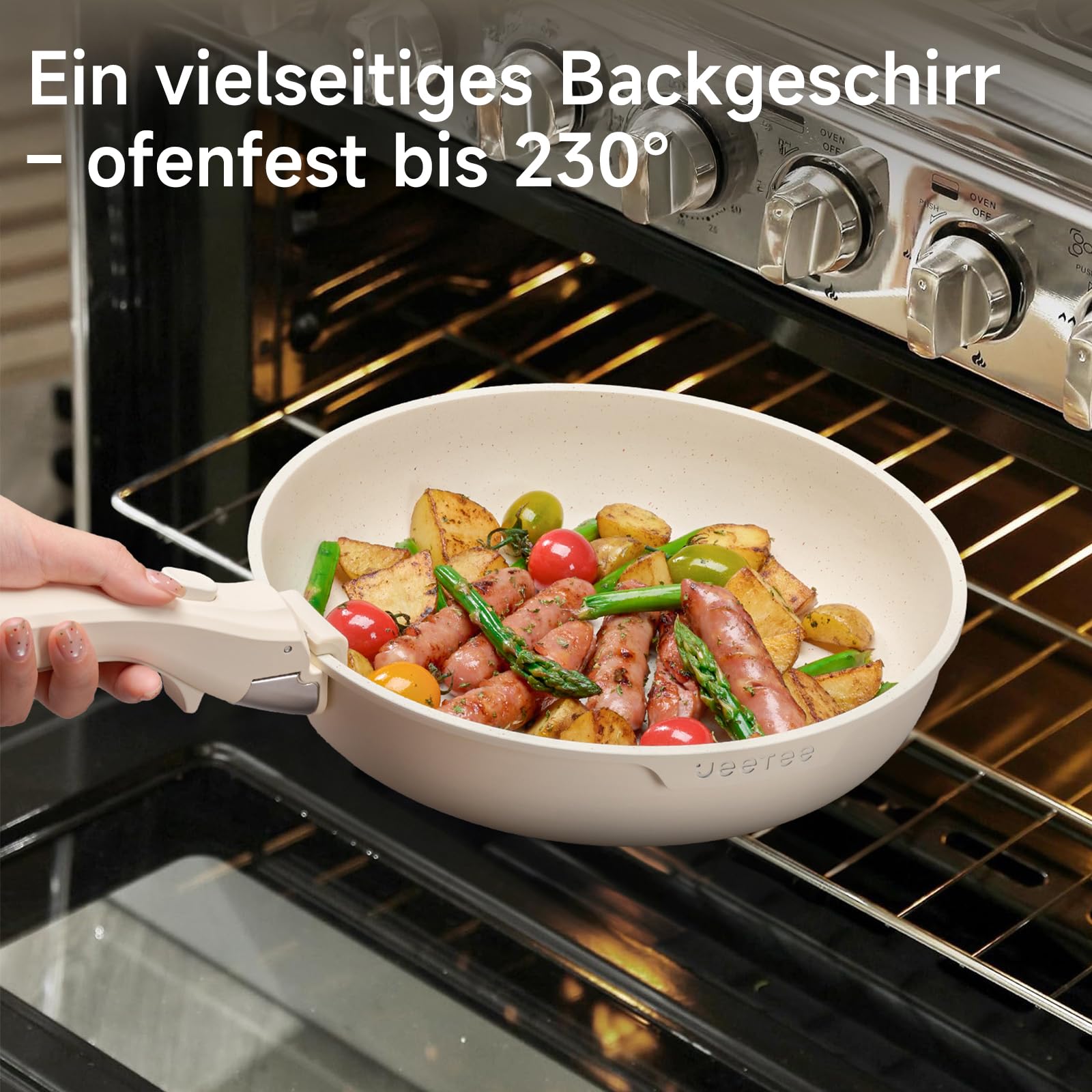 JEETEE Topf und Pfannensets mit abnehmbarem Griff 17-Teilig, Antihaft Pfanneset, Topfset Induktion, Kochtopf Set mit Deckel und Messer, Alle Herde kompatibel, PFOS/PFOA frei, Beige