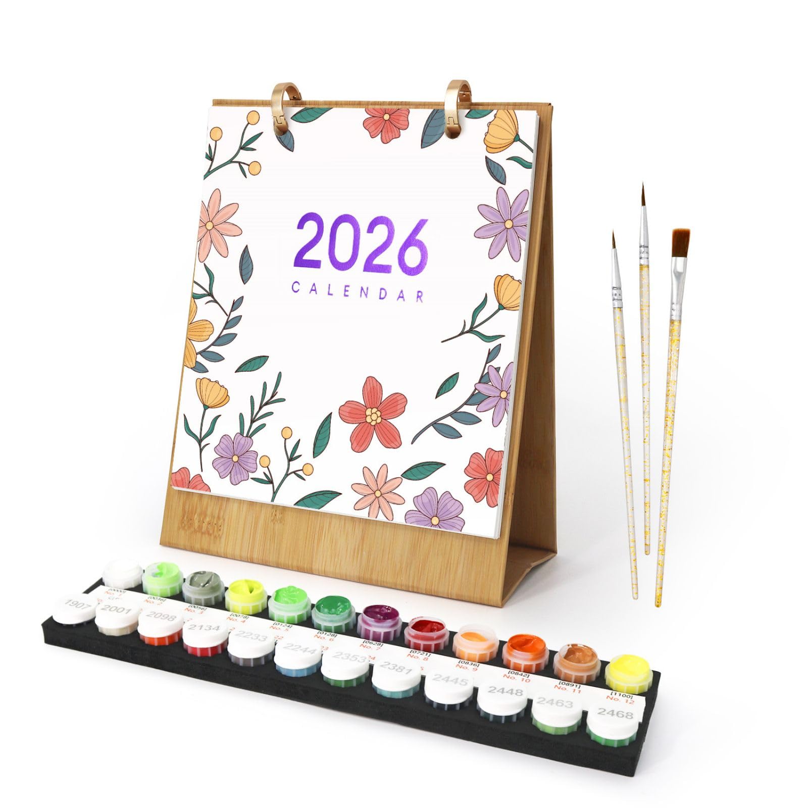 Lebartm 2026 New Calendar Paint by Numbers Kit for Adult 12 Different Green Plants Potted Flowers Hand-Painted Oil Paintings Desk Calendar for Home Office Planning-Flower