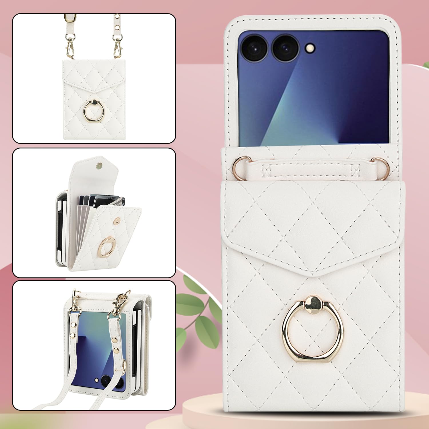 Etui portfelowe na telefon Samsung Galaxy Z Flip 7 z pierścieniem i regulowanym paskiem crossbody, stylowe i wielofunkcyjne etui z klapką w stylu akordeonowym z 4 przegródkami na karty. (białe)