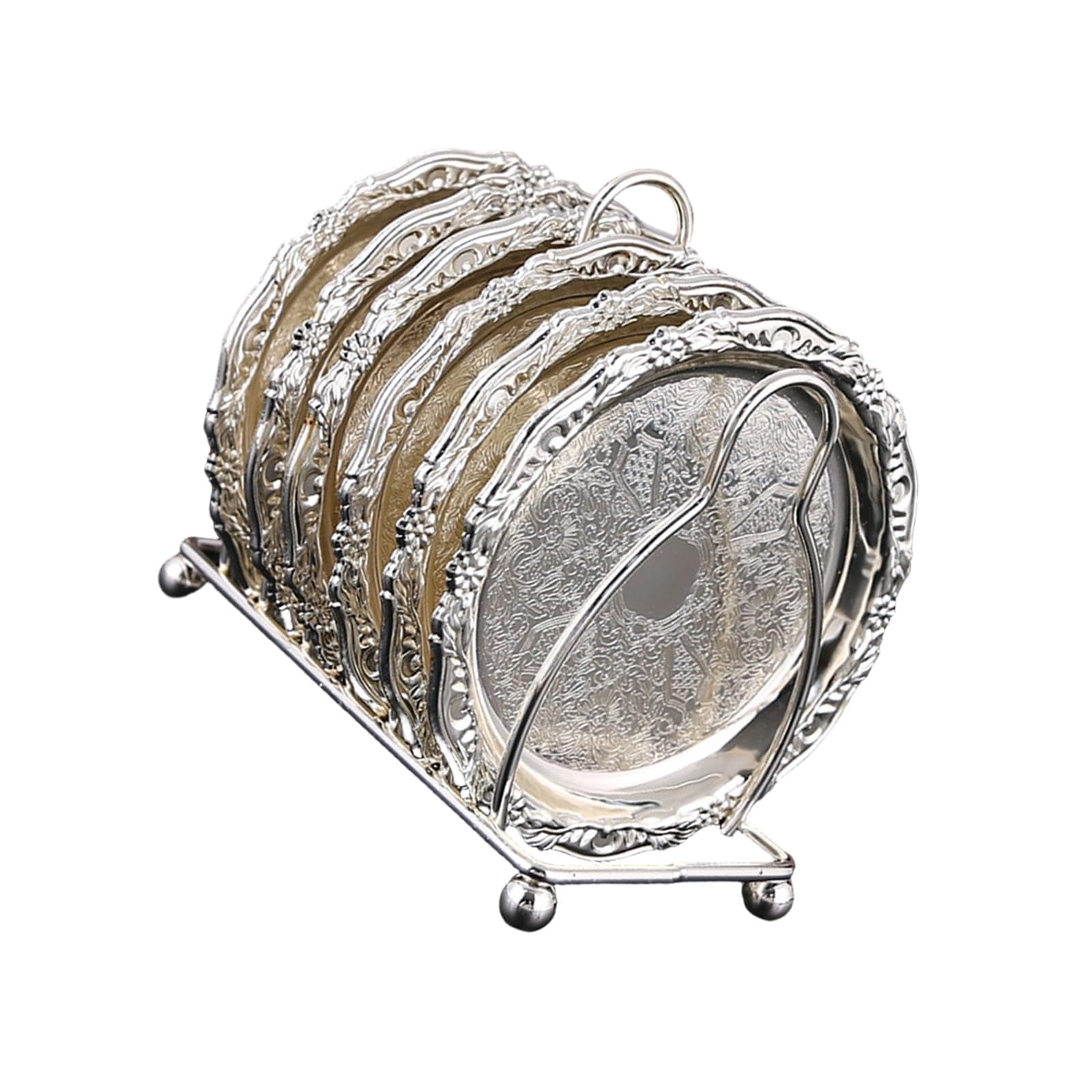 MALSSE 6Pcs Stylish Alloy Dessert Plates with Holder for Fruits Snacks and Coffee Coasters for Home Decor Dessert Plate Set with Stand