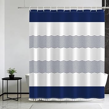 Boho Navy Blue Shower Curtain for Bathroom Bohemian Striped Minimalist Farmhouse Hotel Modern Waterproof Fabric Shower Curtain with Tassels 48x72 inch