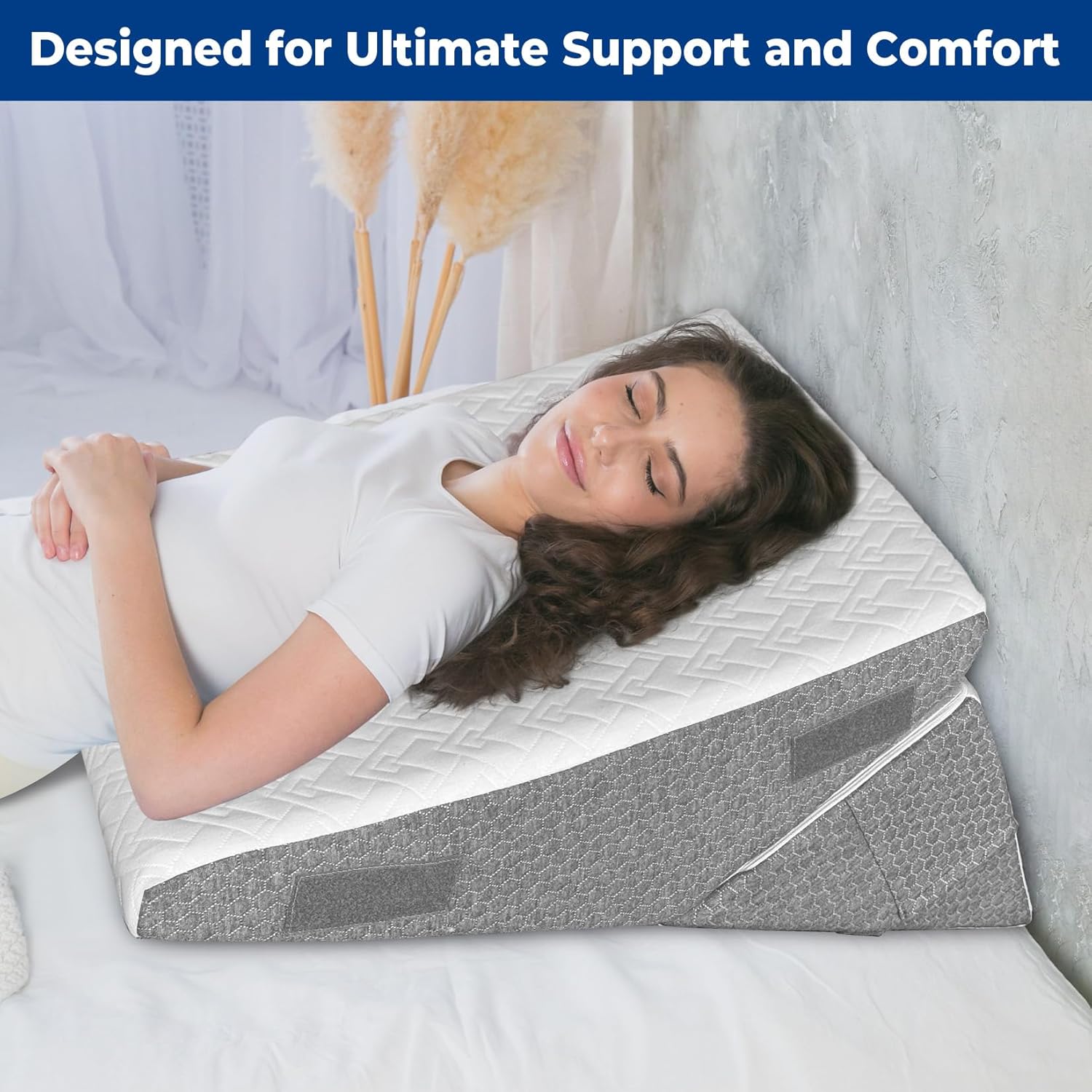 GUWELL Wedge Pillow Headboard for Sleep, 3PCS Adjustable Bed Wedge Pillow for Acid Reflux&Back Pain Relief, Sleeping, Back Pillow for Bed Sitting Up, 12inch/White/Grey