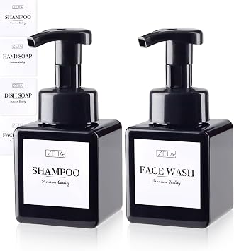 250ML Foaming Soap Dispenser, 2-Pack Plastic Hand Soap Dispenser, Refillable Leakproof Foam Pump Bottle with Waterproof Labels, for Shampoo, Body Wash