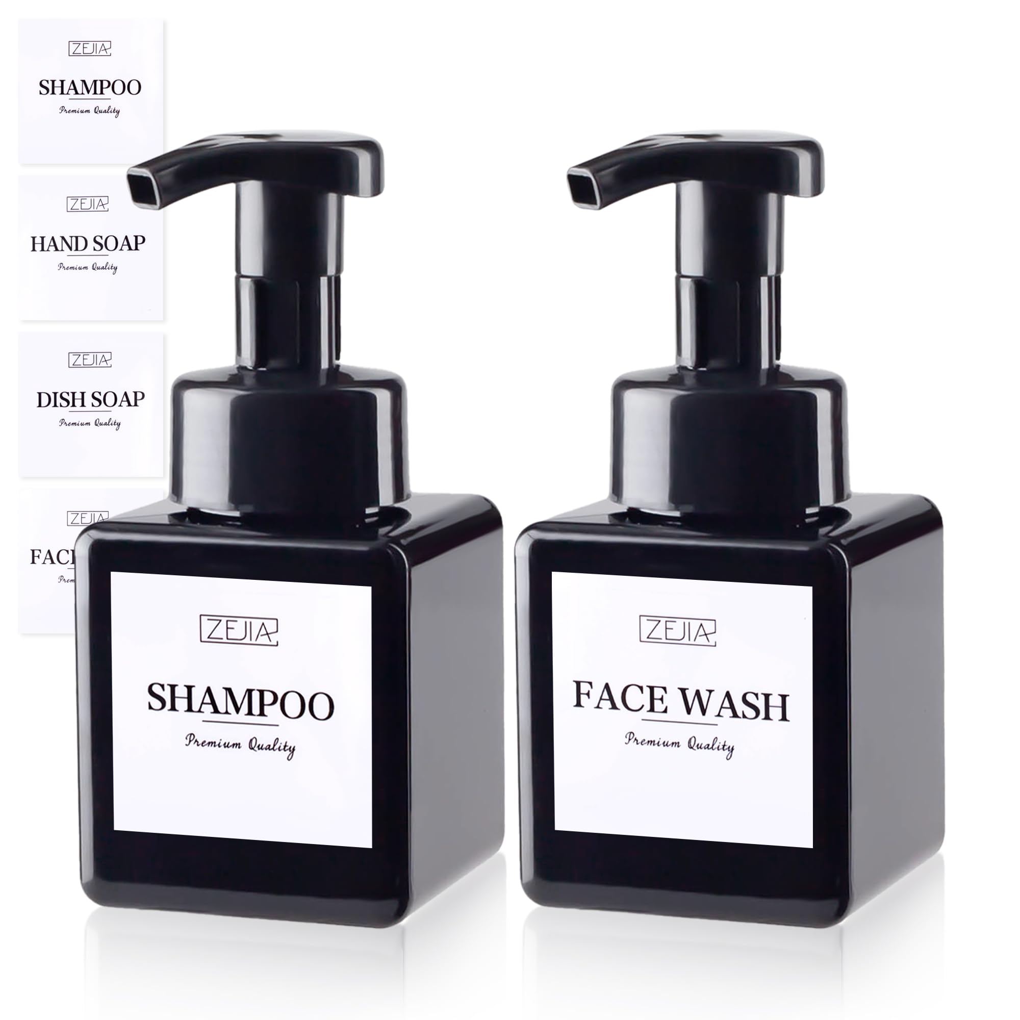 ZEJIA 250ML Foaming Soap Dispenser, 2-Pack Plastic Hand Soap Dispenser, Refillable Leakproof Foam Pump Bottle with Waterproof Labels, for Shampoo,