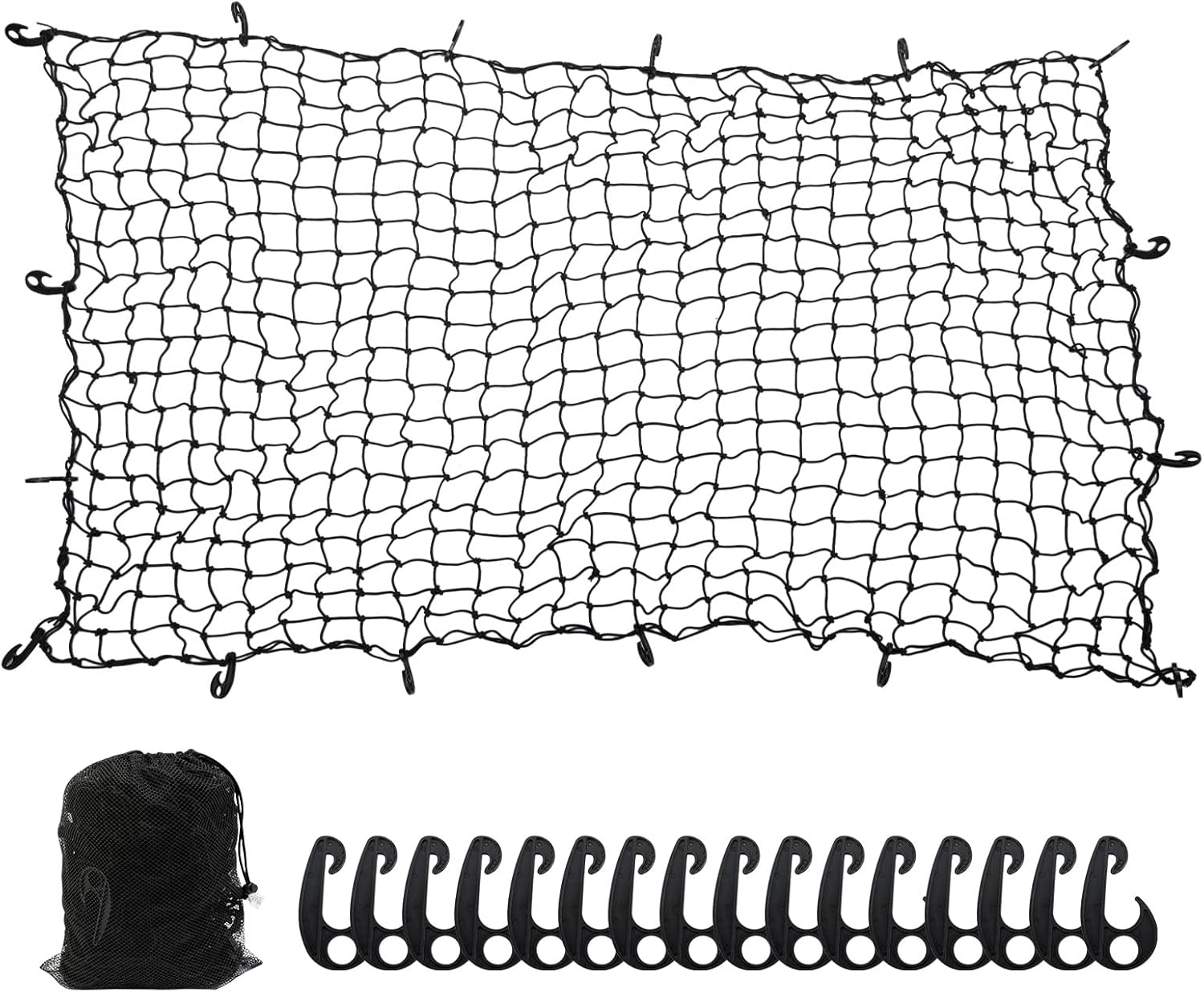 7' x 5' Heavy Duty Bungee Cord Cargo Net Stretches to 14' x 10'-Latex Truck Bed Mesh with 12Pcs Free Adjustable Hooks for Secure Carrying on Roof Luggage Rack,Cargo Carrier and Pickup Truck Bed
