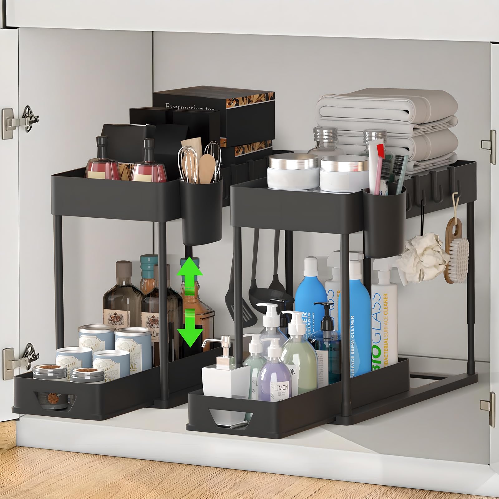 MEETOZ 2 Pcs Under Sink Storage Kitchen Organiser, 2 Tier Sliding Under Sink Organiser, Multi-Purpose Under Sink Shelf Organiser, Pull Out Cabinet Basket Drawer
