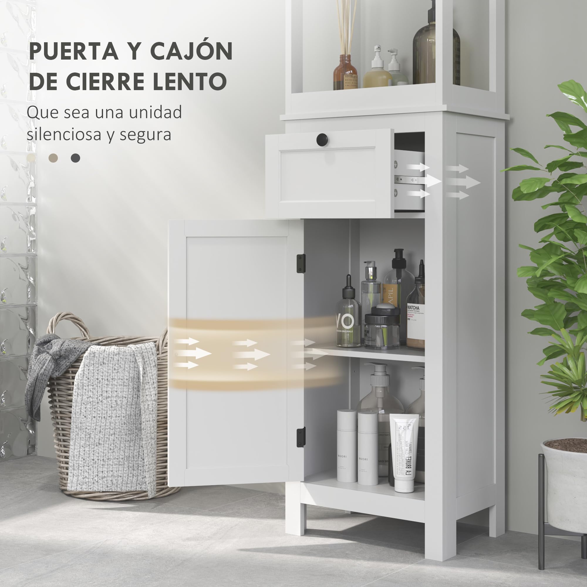 HOMCOM Columna de Baño Armario de Baño 40x30x165 cm con Cajón Puerta Estante Ajustable y 2 Compartimientos Estilo Moderno Blanco