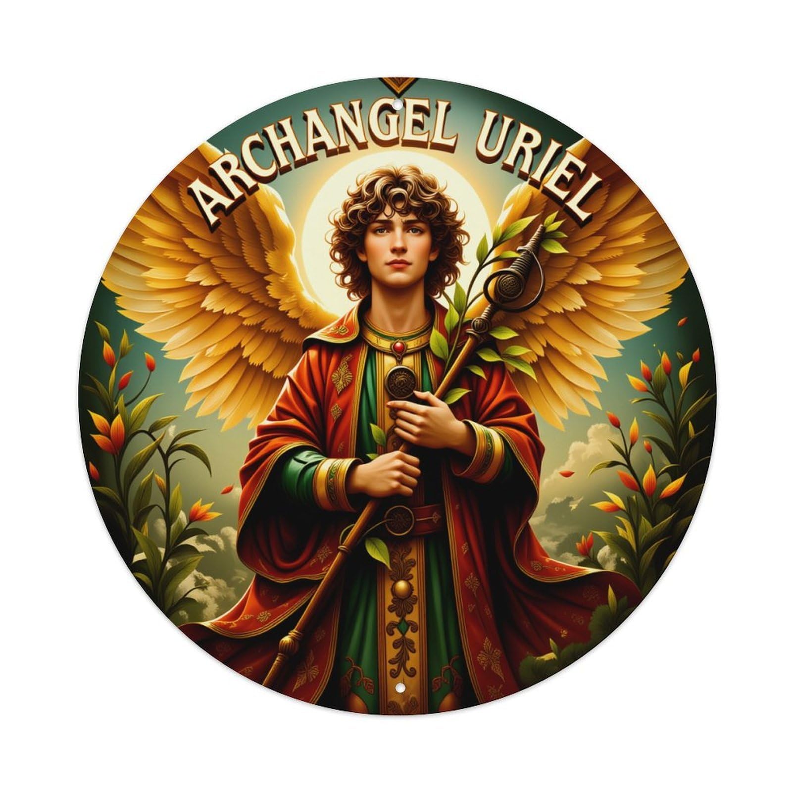 Archangel Uriel With Golden Wings And Staff Metal Tin Sign Plaque