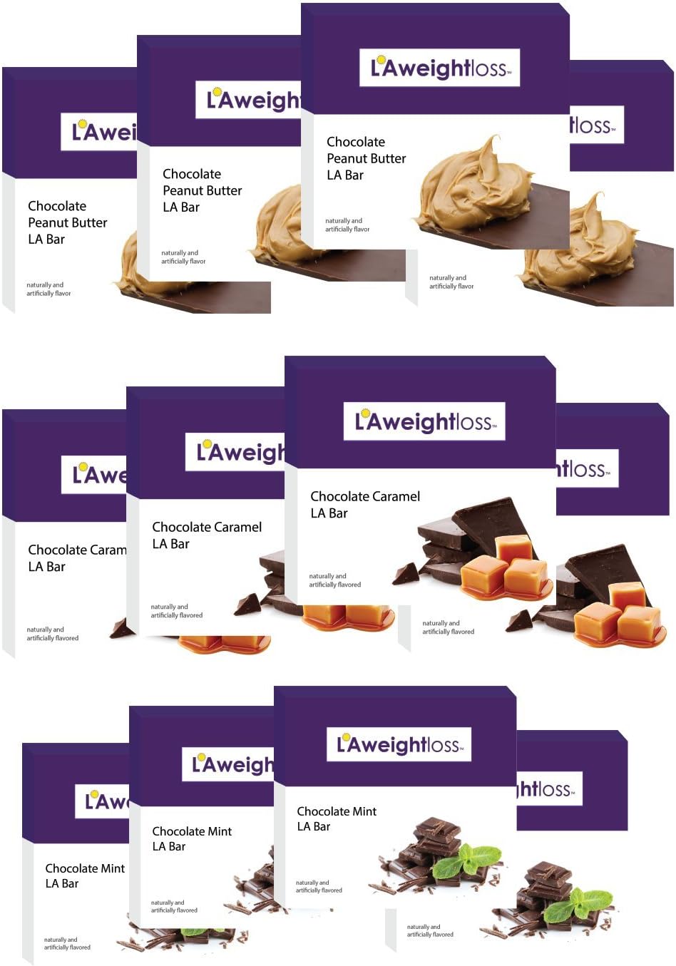 LA Weight Loss Bars Chocolate Peanut Butter, Chocolate Caramel, Chocolate Mint