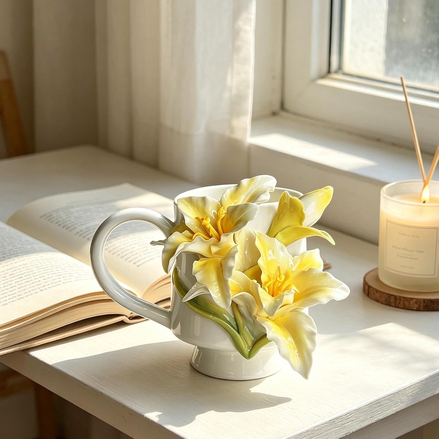 Handmade 3D Yellow Lily Ceramic Coffee Mug, Handcrafted Embossed Flower Tea Cup, Unique Artistic Porcelain Mug for Coffee Tea