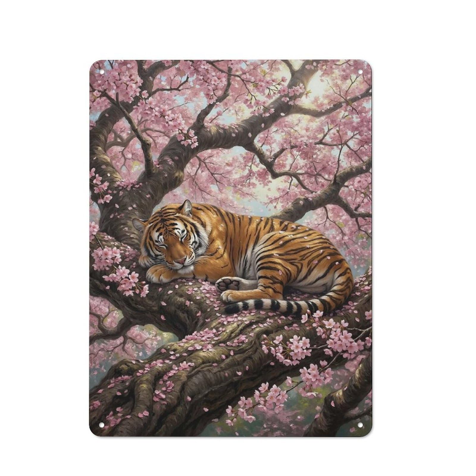 Junmoney Style-6 For Home Office Or Studio, Tiger Sleeping In Cherry Blossom Tree Retro Tin Wall Plaque 40X30cm, A Housewarming Gift For Creative Workspace Decorators