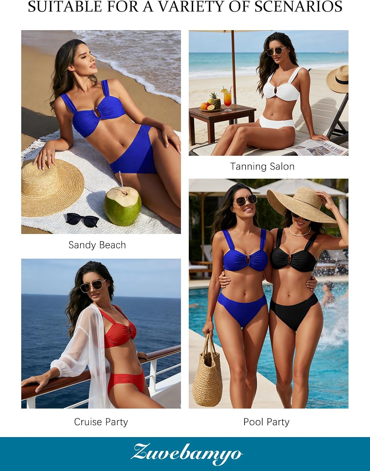 Zuvebamyo Women Two Piece Bikini Set U Wire Wide Straps Bathing Suits Cheeky Ruched Swimsuit
