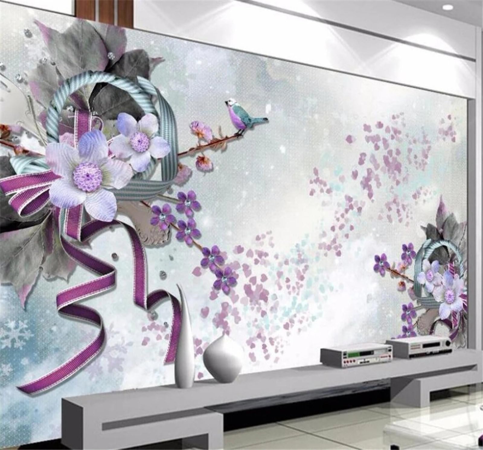 Wallpaper-3D-Xlm 350Cm×256Cm(B×H) Vintage Three Dimensional Minimalist Purple Flowers 3D Wallpaper Easy Install Feature Office Living Room Sofa Bedroom Tv Background Wall Decoration-350Cm×256Cm