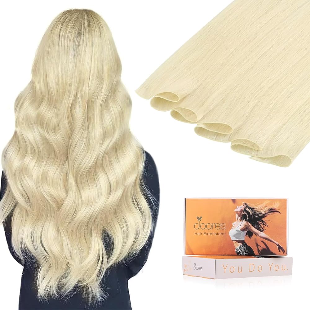 DOORES Genius Sew in Weft Hair Extensions Real Human Hair, 16 Inch Platinum Blonde 50g, Hand Tied Extensions Human for Women