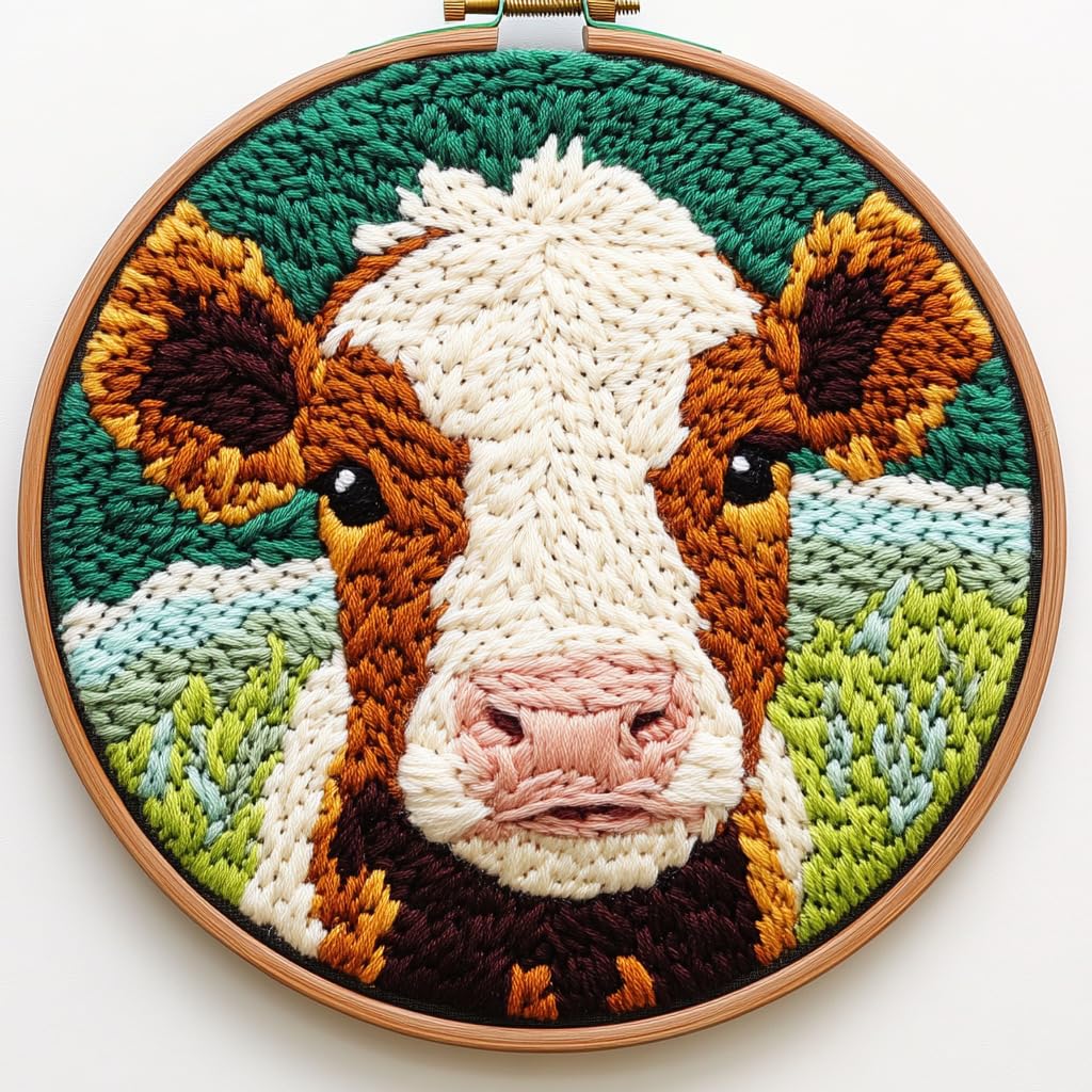 DIY Punch Needle Kits Jersey Cow with Hoop 20x20cm-4