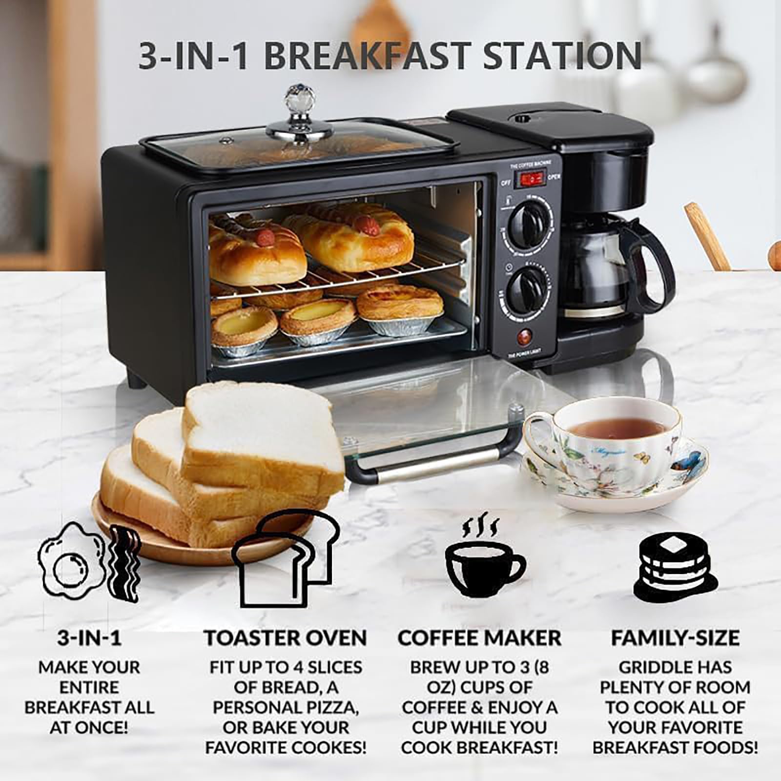 Estación de Desayuno 3 en 1 (9 L), tostadora con sartén, Temporizador de 30 min y Control de Temperatura, cafetera de 600 ml y Olla de 1,2 L, para Apartamentos y cocinas pequeñas, Color Negro