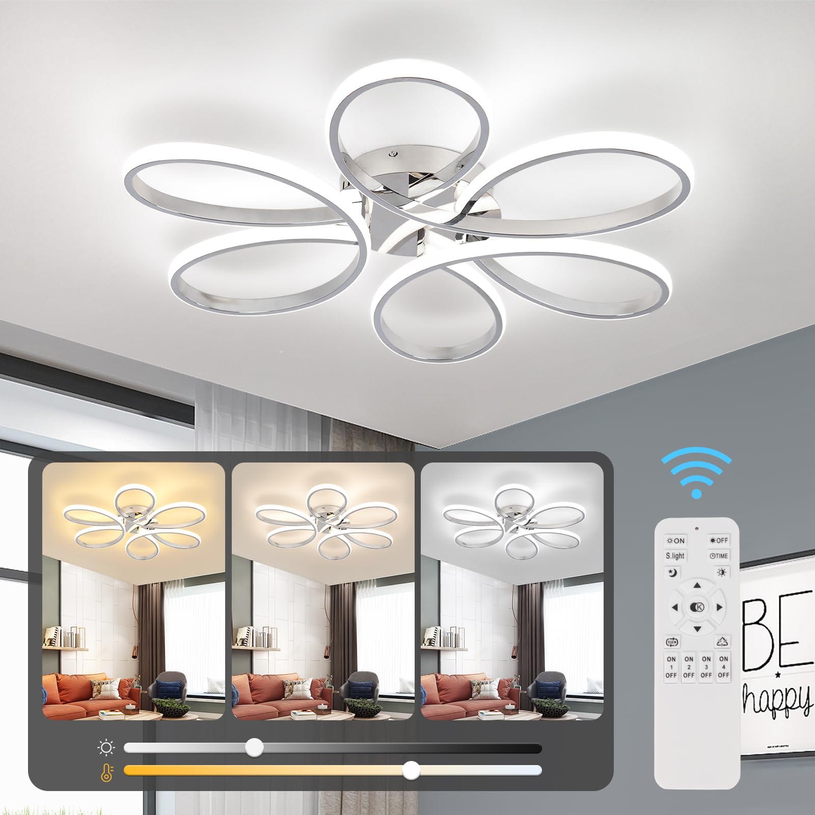 HLILCEH 26inch Modern LED Ceiling Light, 6 Rings Flower Flush Mount Light Fixture with Remote Control Chrome Dimmable Ceiling Lamp for Living Room,
