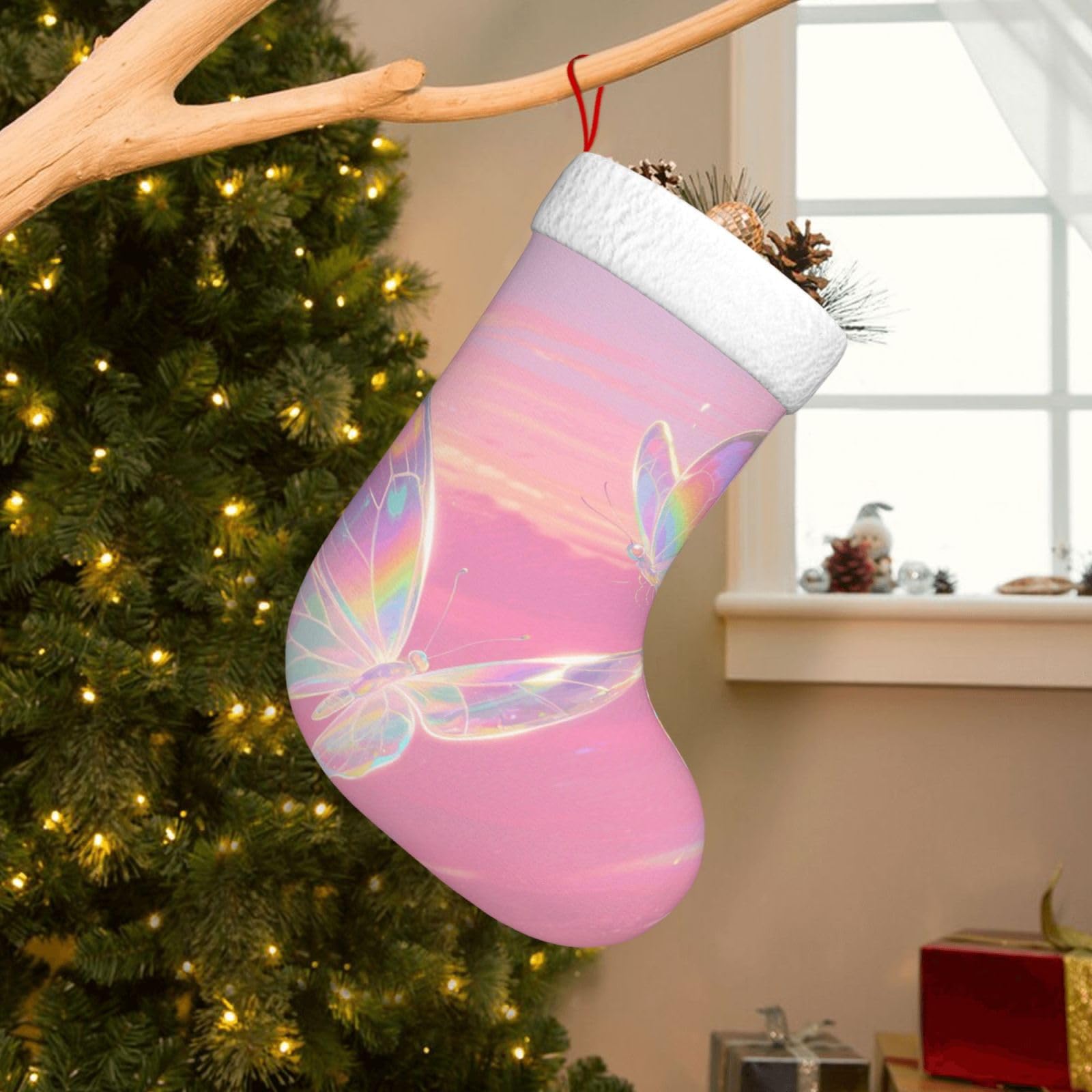 Velvet Christmas Stockings 17.7 Inch, Transparent Butterfly Xmas Stocking with Soft Cuff,Classic Personalized Christmas Tree Decoration for Family Holiday New Year Party Supplies