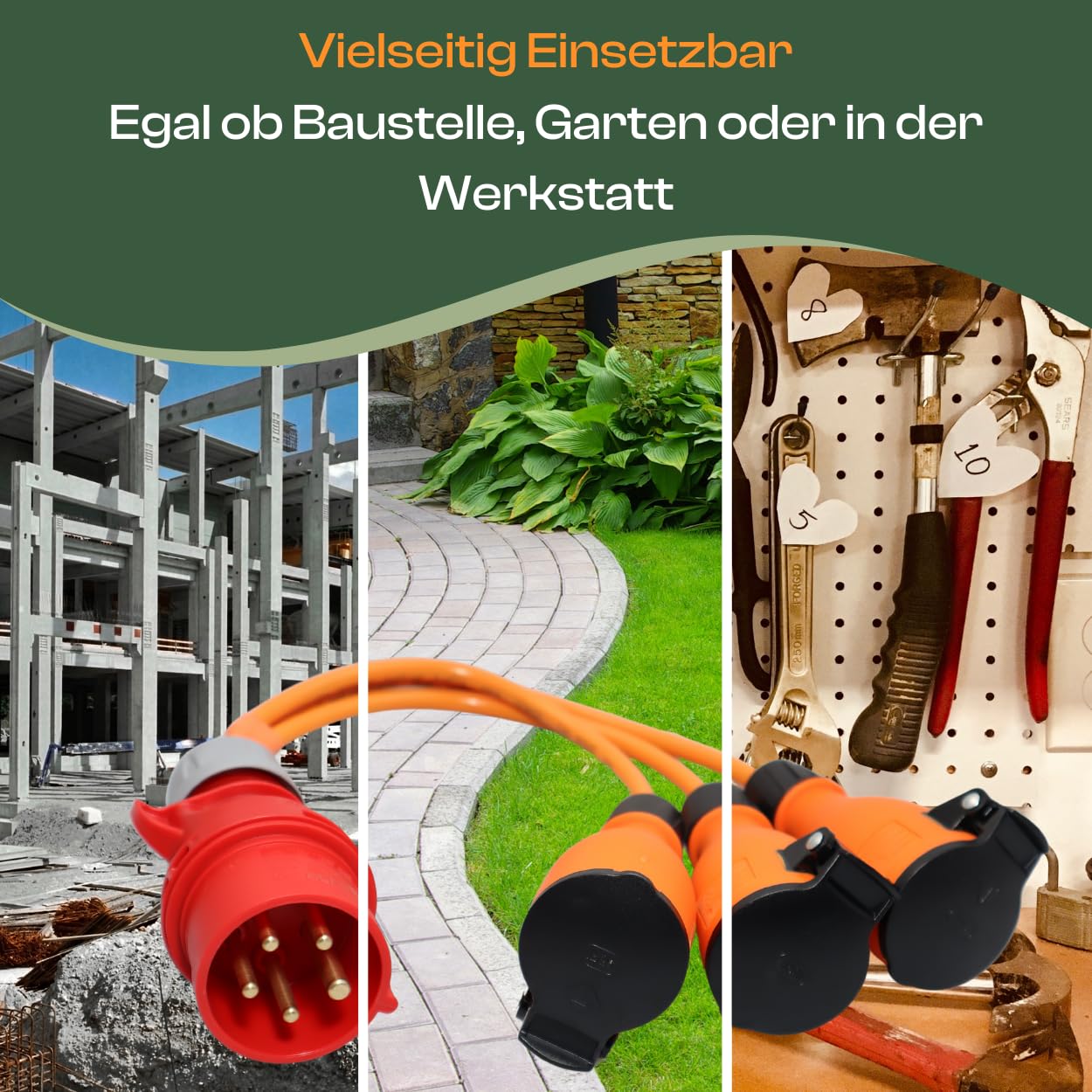 maxgo CEE Adapter 3X Schuko – 16A CEE Stecker auf 3X 230V Schuko | 400 V auf 230 V Schutzkontaktkupplungen, wetterfester Starkstromverteiler Made in Germany für Baustelle, Werkstatt, Garten